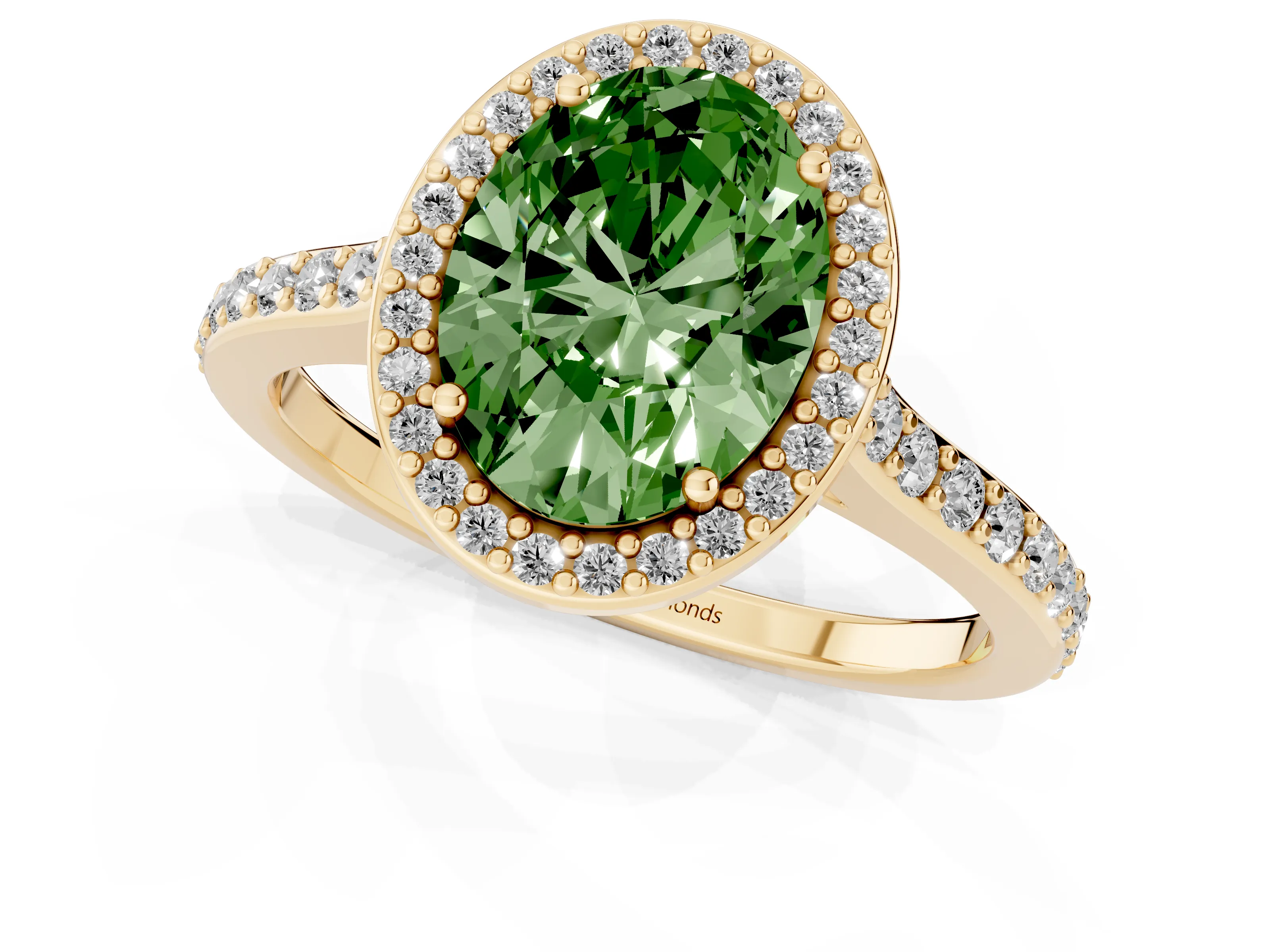 Fancy Green Oval Cut Diamond Halo Engagement Ring Set in Yellow gold with Round Pavé Shoulders and Heart Gallery