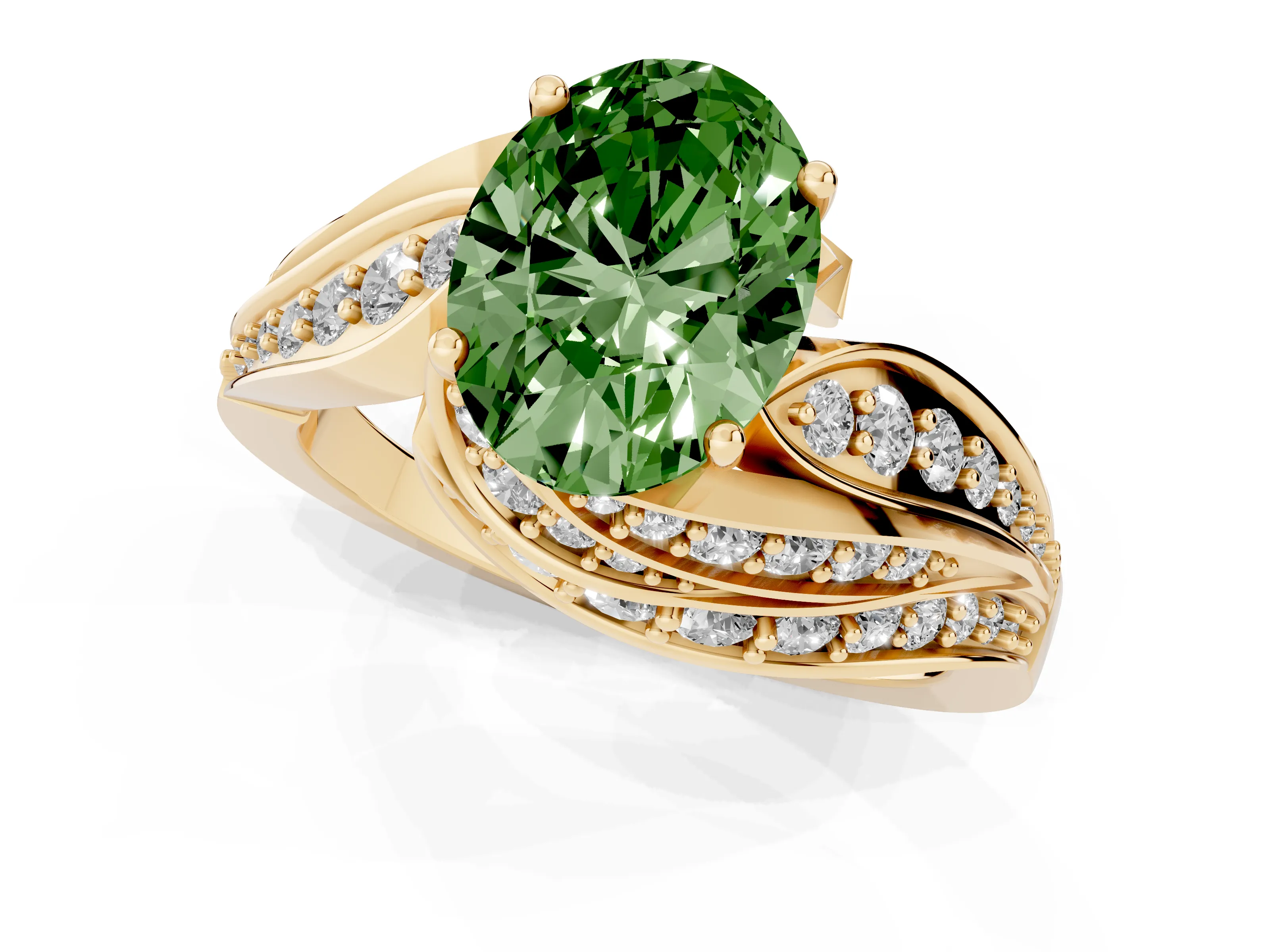 Fancy Green Oval Cut Diamond Solitaire Ring Set in Yellow gold with Layered Twist Pavé Band