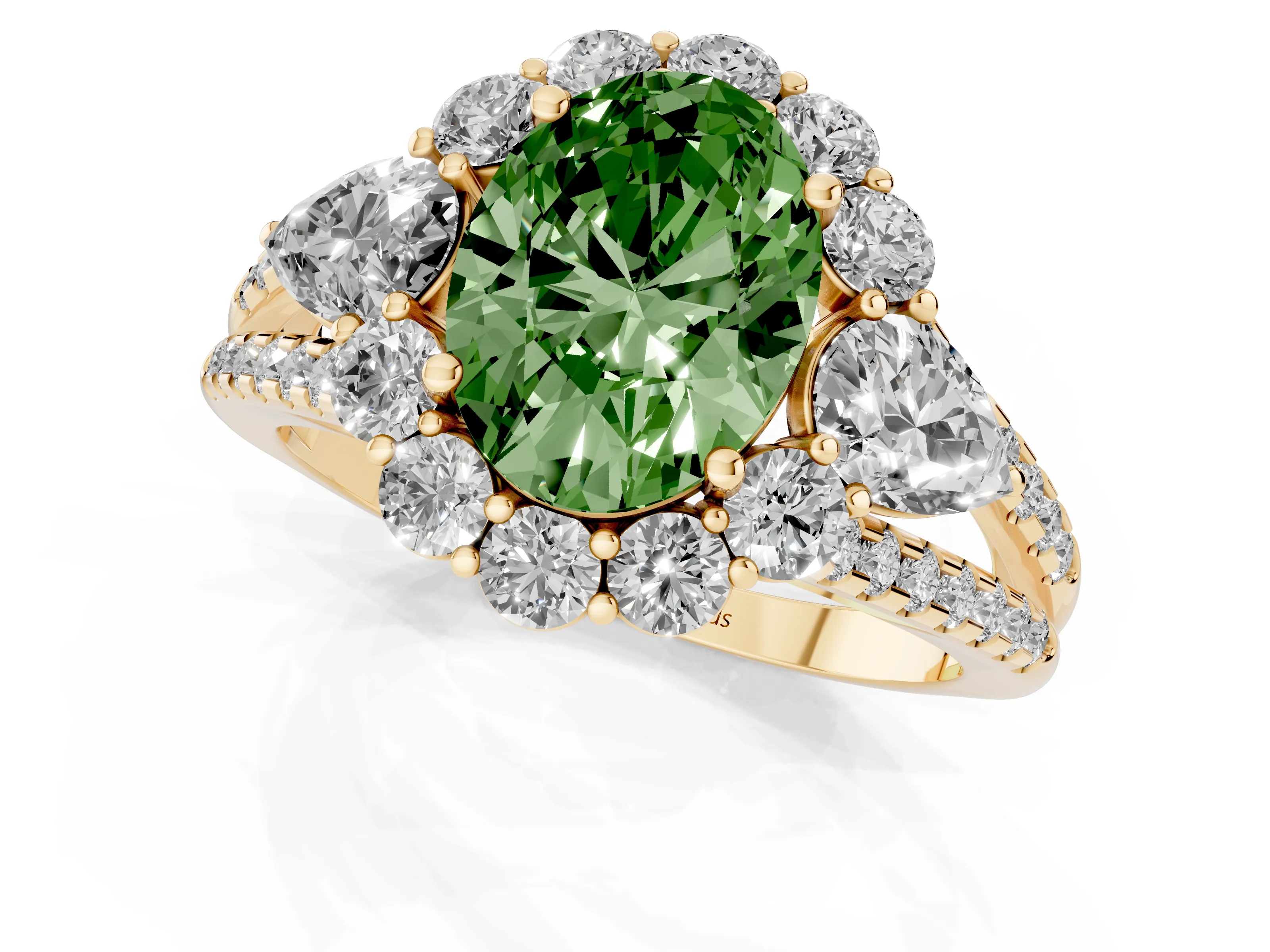 Fancy Green Oval Cut Diamond Halo Split Shank Engagement Ring Set in Yellow gold with Prong-Held Center Stone
