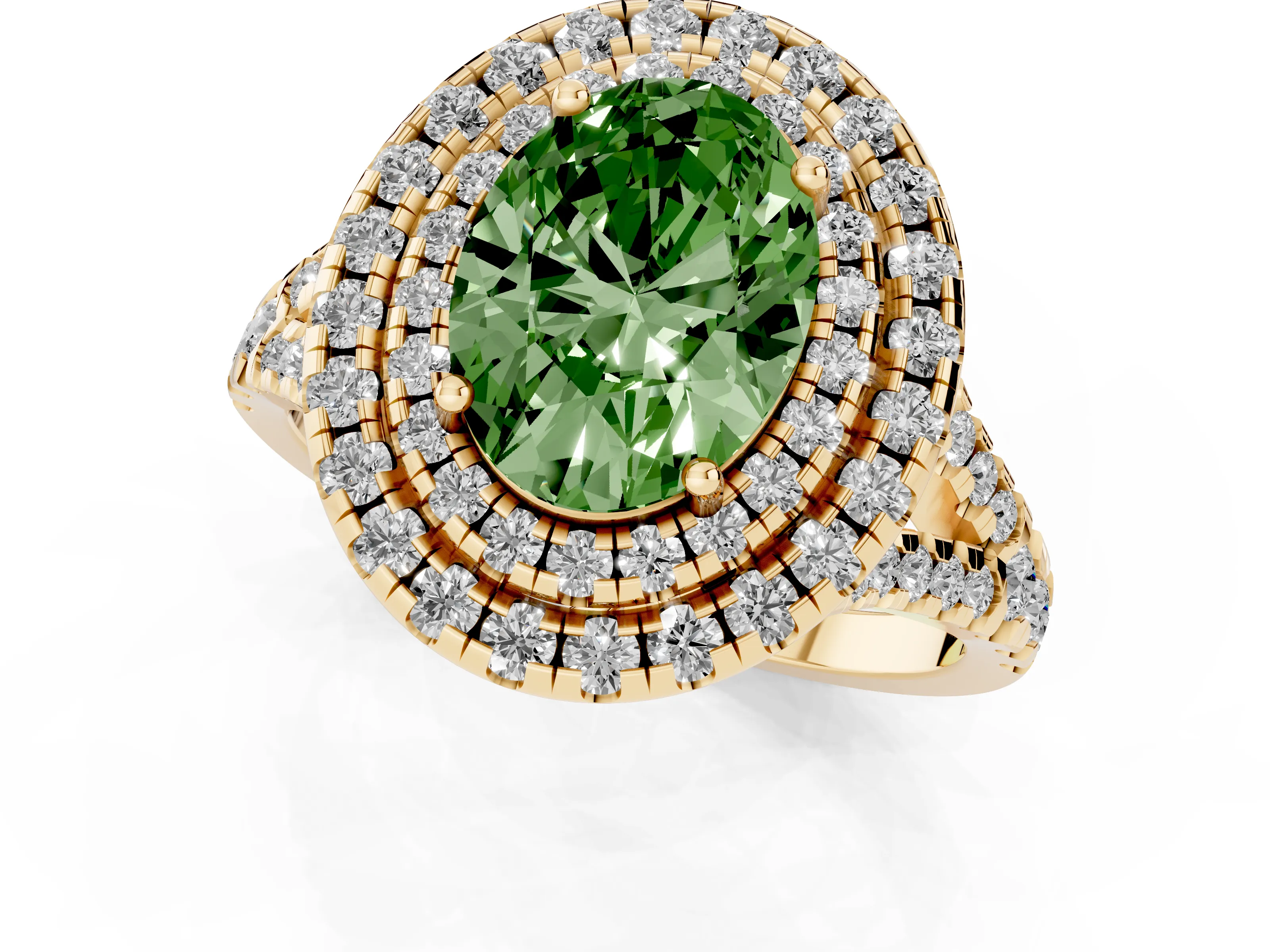 Fancy Green Oval Cut Diamond Double Halo Ring Set in Yellow gold with Pavé Split Shank and Prong Setting