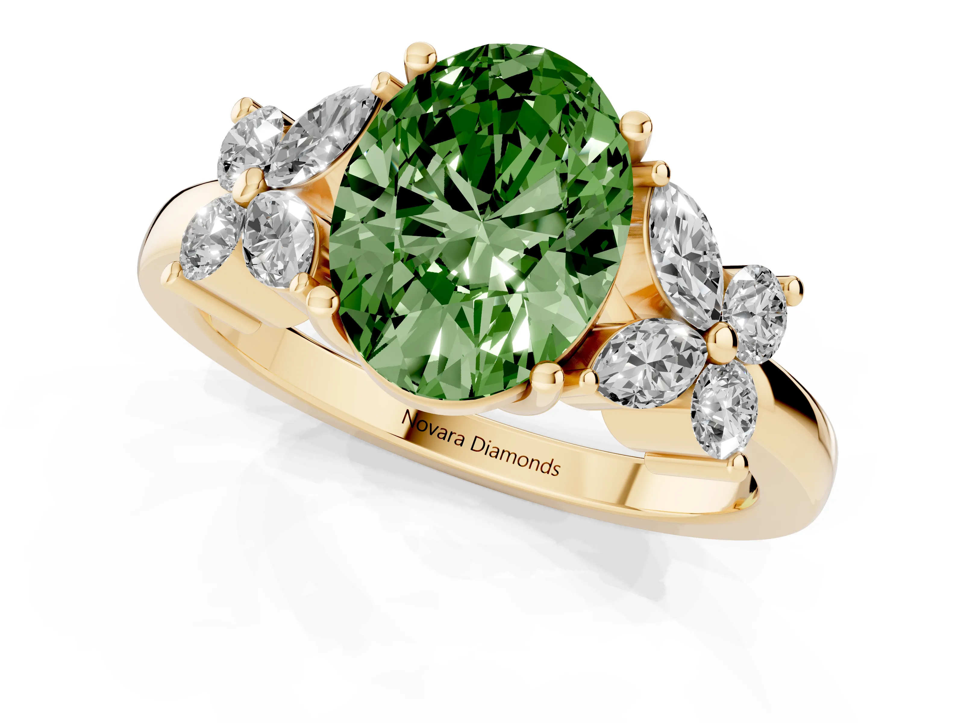 Fancy Green Oval Cut Diamond Floral Cluster Ring Set in Yellow gold with Marquise Petals and Prong Setting