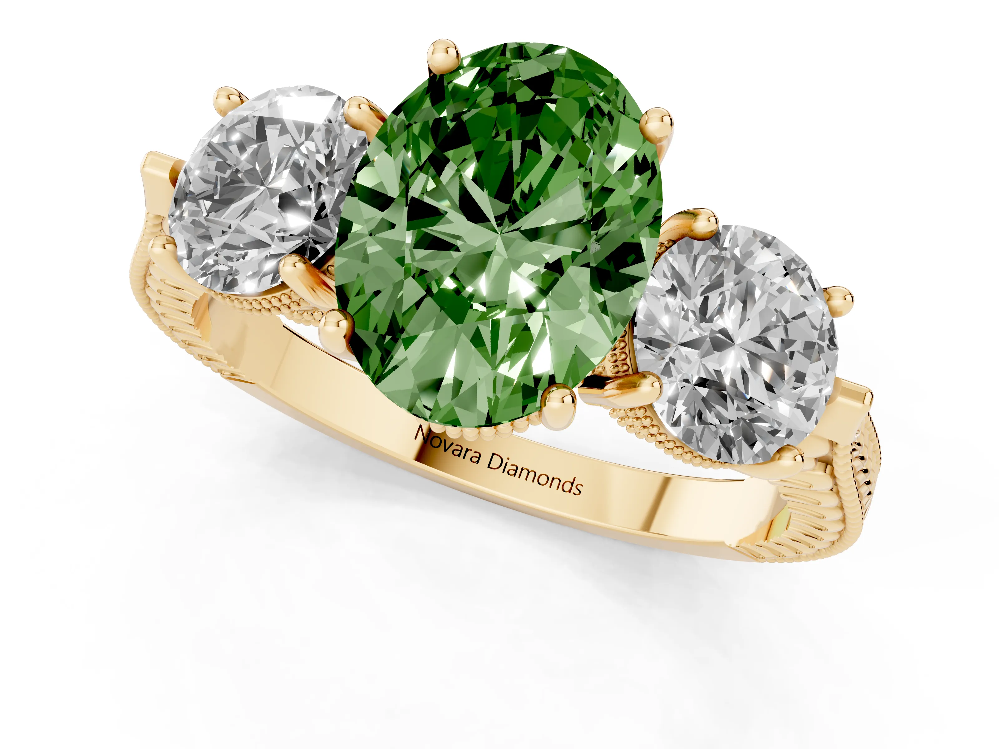 Fancy Green Oval Cut Diamond Three-Stone Ring Set in Yellow gold with Milgrain Band