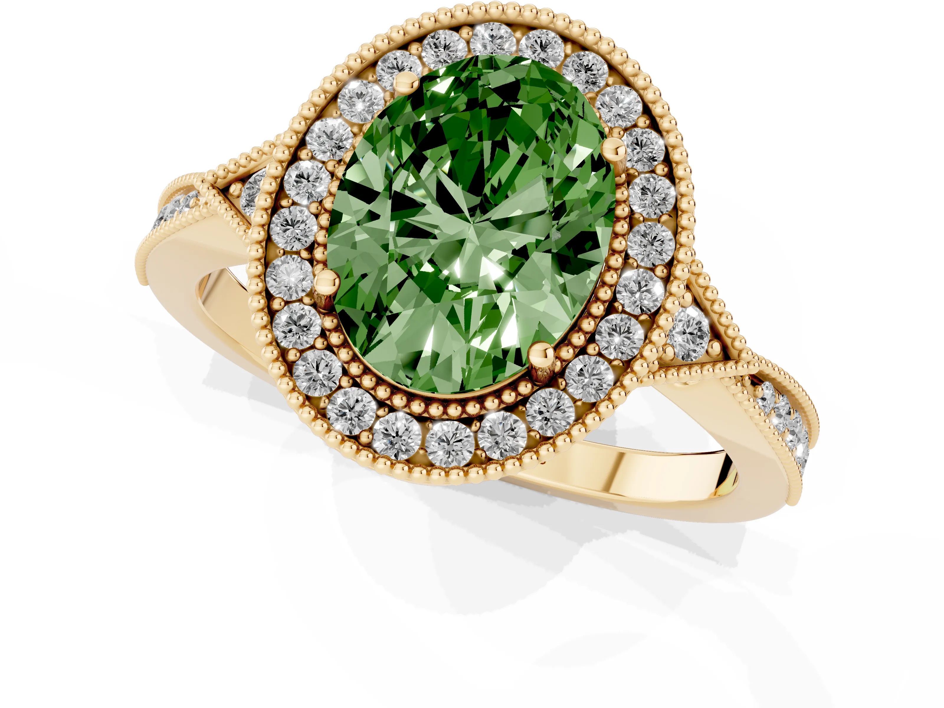 Fancy Green Oval Cut Diamond Halo Engagement Ring Set in Yellow gold with Milgrain Pavé Band