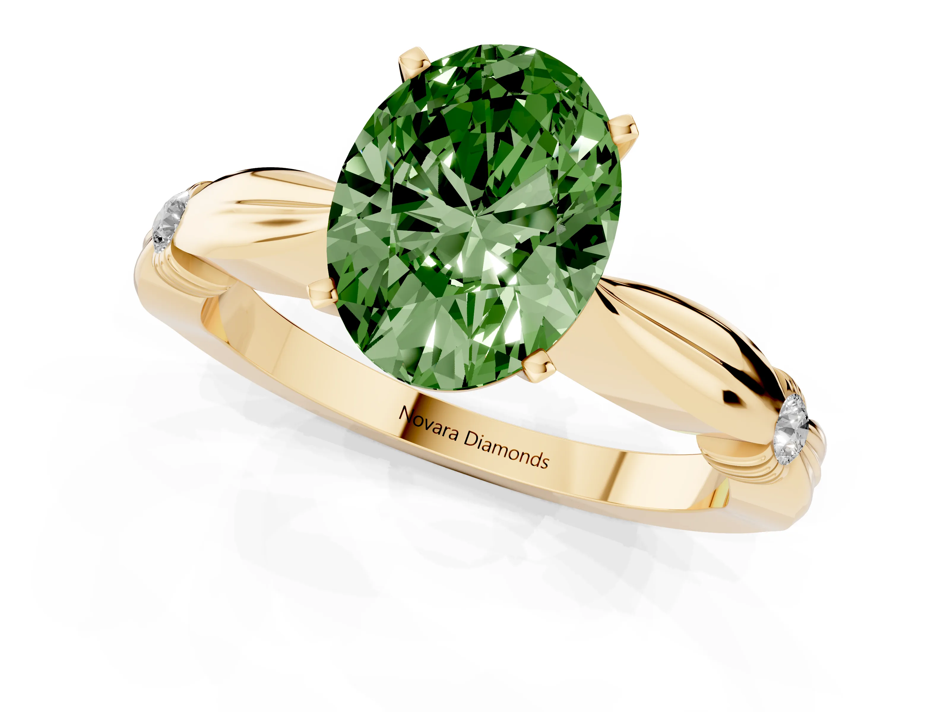 Fancy Green Oval Cut Diamond Solitaire Twisted Band Ring Set in Yellow gold with Accent Stones and Prong Setting