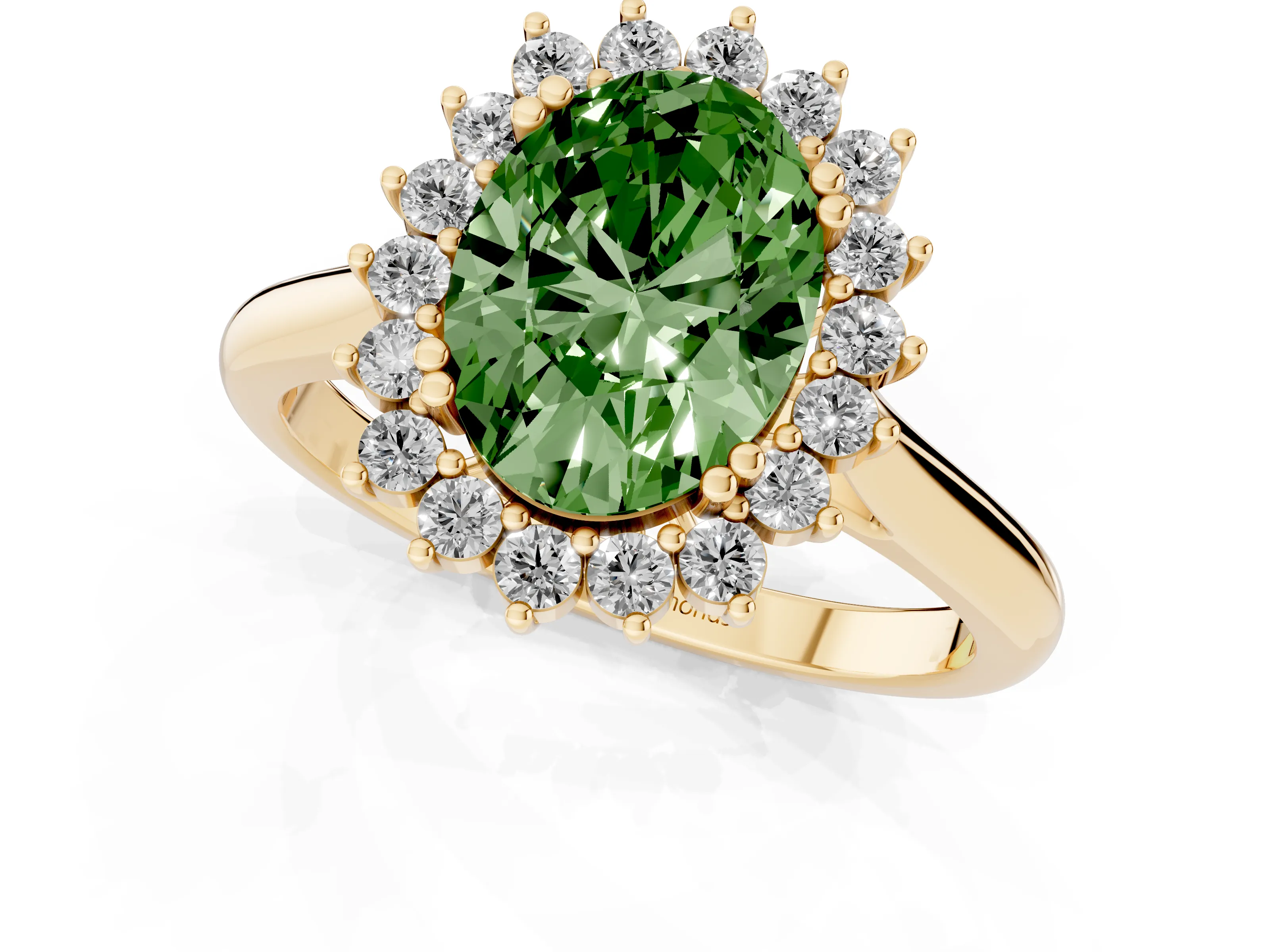Fancy Green Oval Cut Diamond Halo Ring Set in Yellow gold with Plain Solitaire Band and Prong Setting