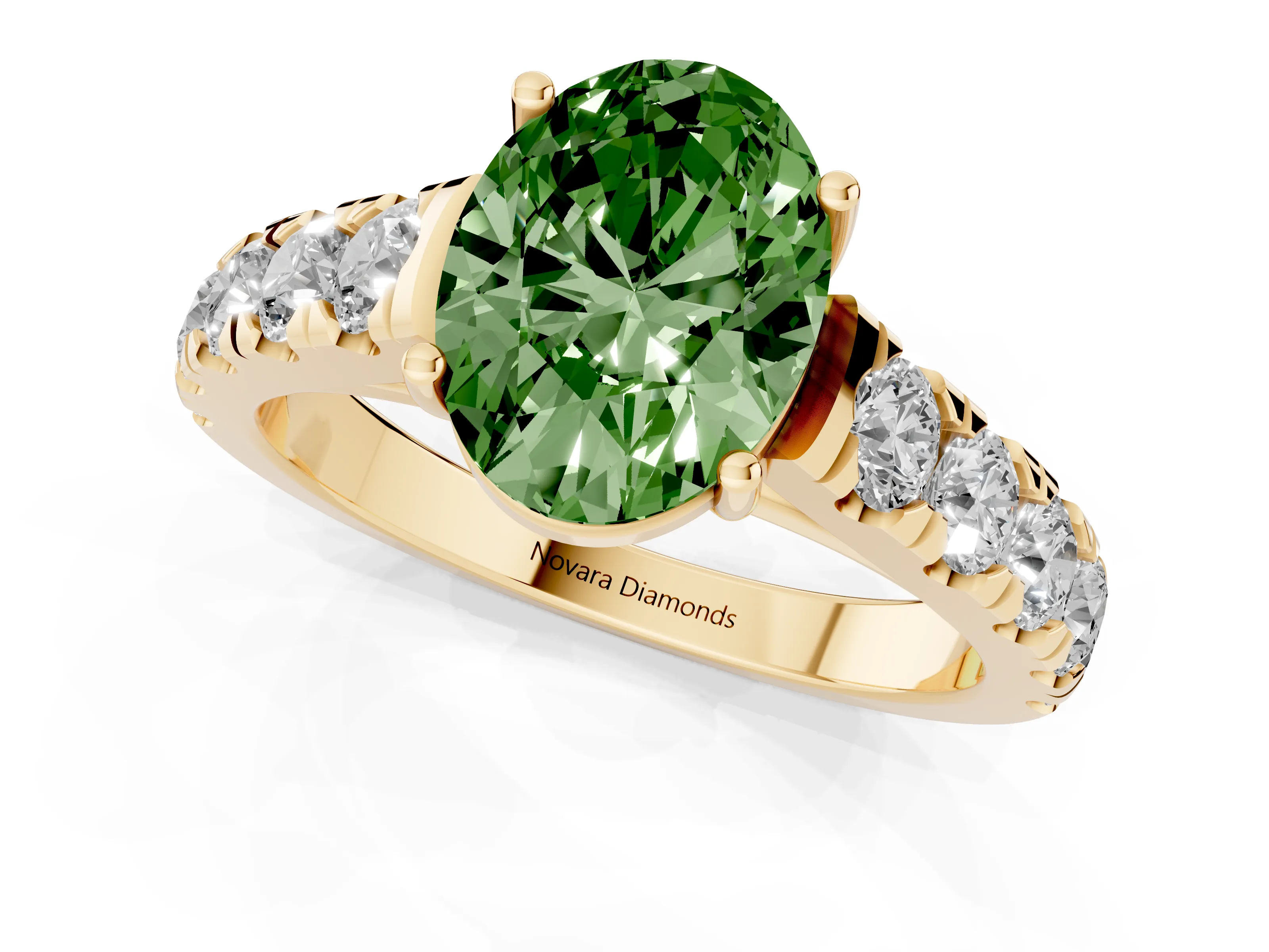 Fancy Green Oval Cut Diamond Solitaire Ring Set in Yellow gold with Cut-Down Micro Pavé Band and Prong Setting