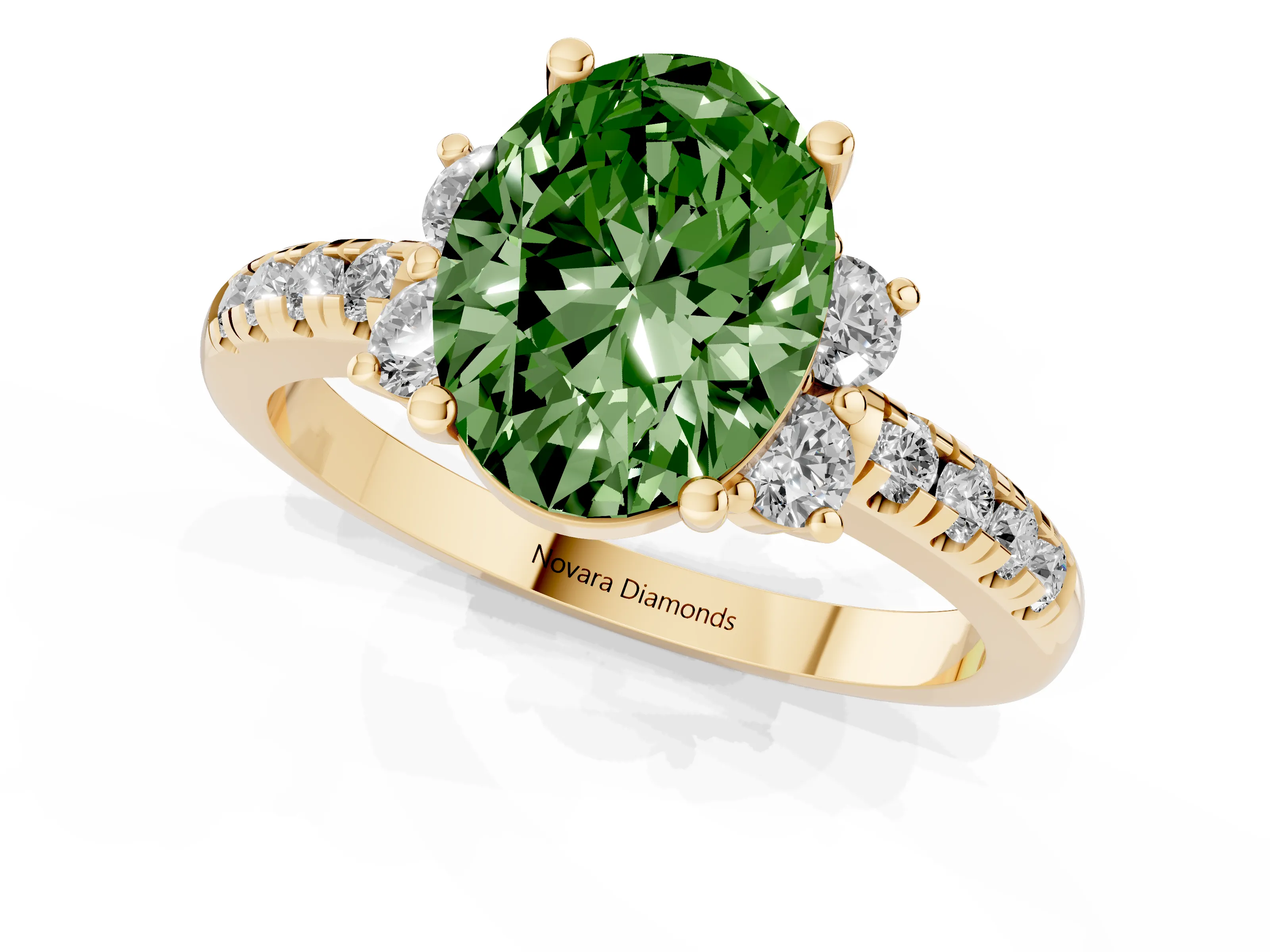 Fancy Green Oval Cut Diamond Three-Stone Pavé Ring Set in Yellow gold with Prong Setting