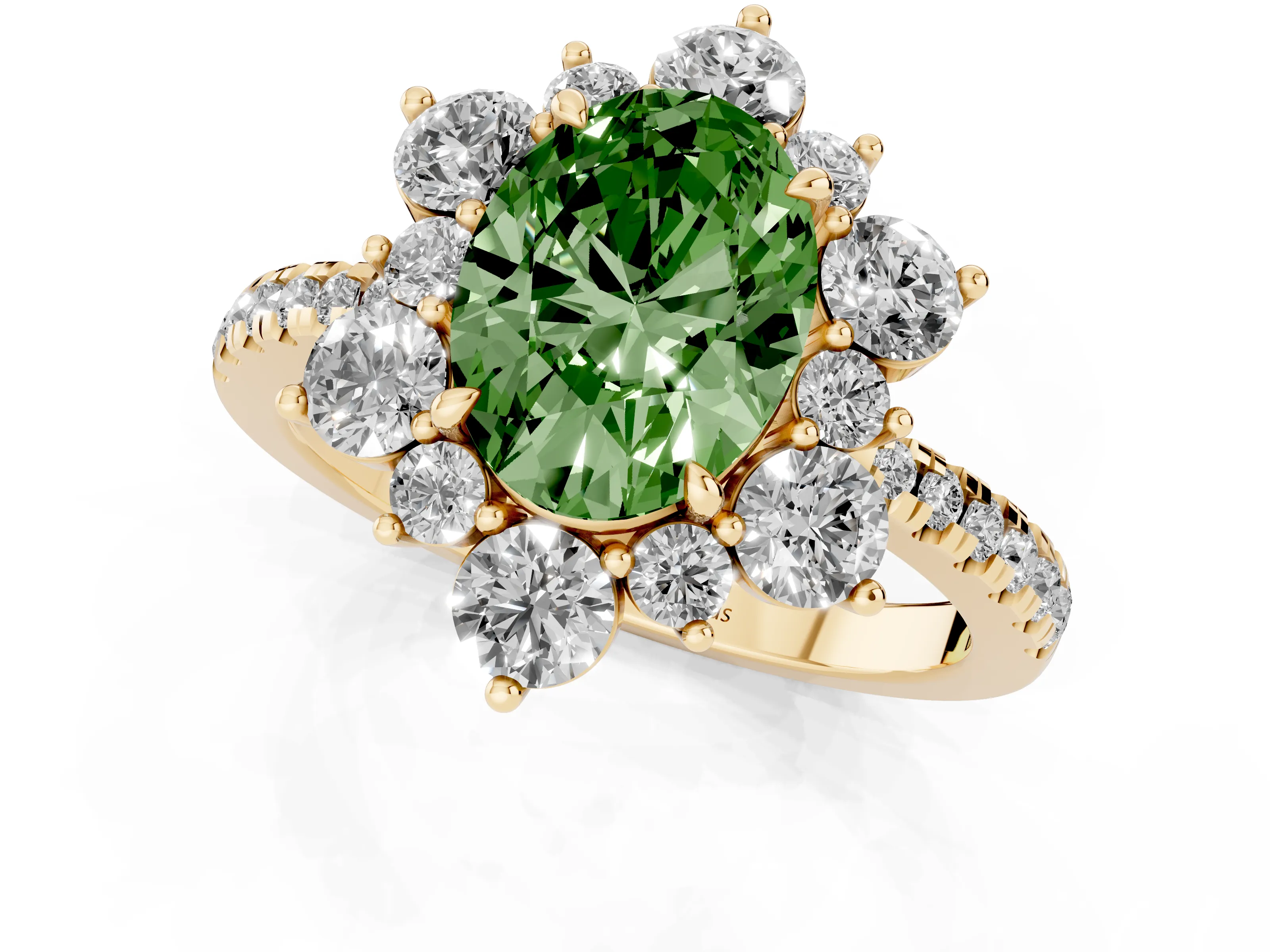 Fancy Green Oval Cut Diamond Floral Halo Ring Set in Yellow gold with Round Pavé Band and Prong Setting