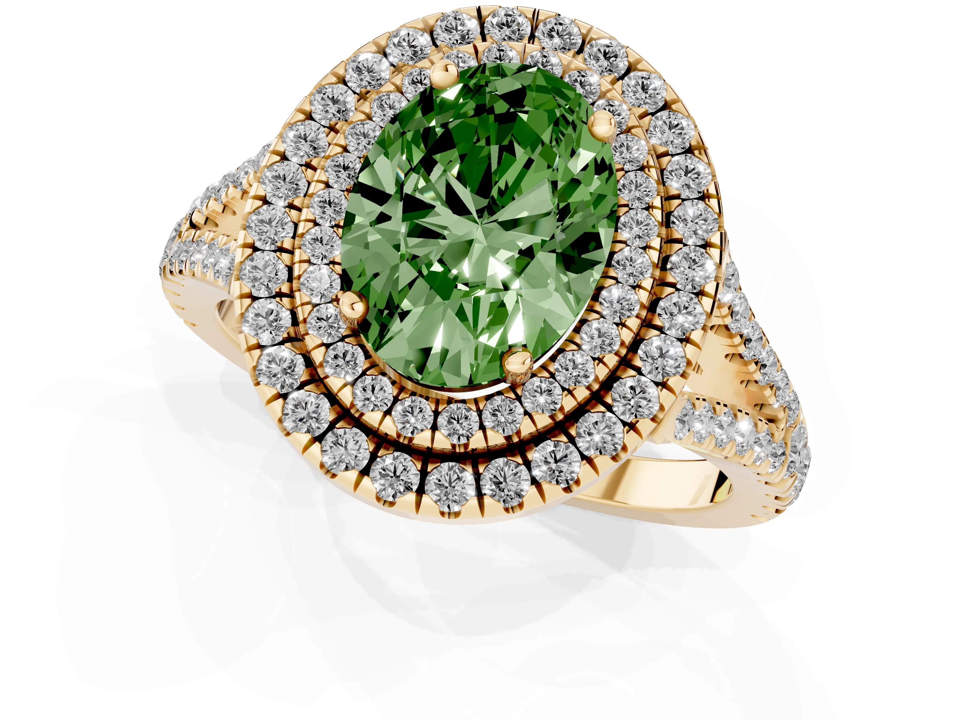 Fancy Green Oval Cut Diamond Double Halo Ring Set in Yellow gold with Pavé Band