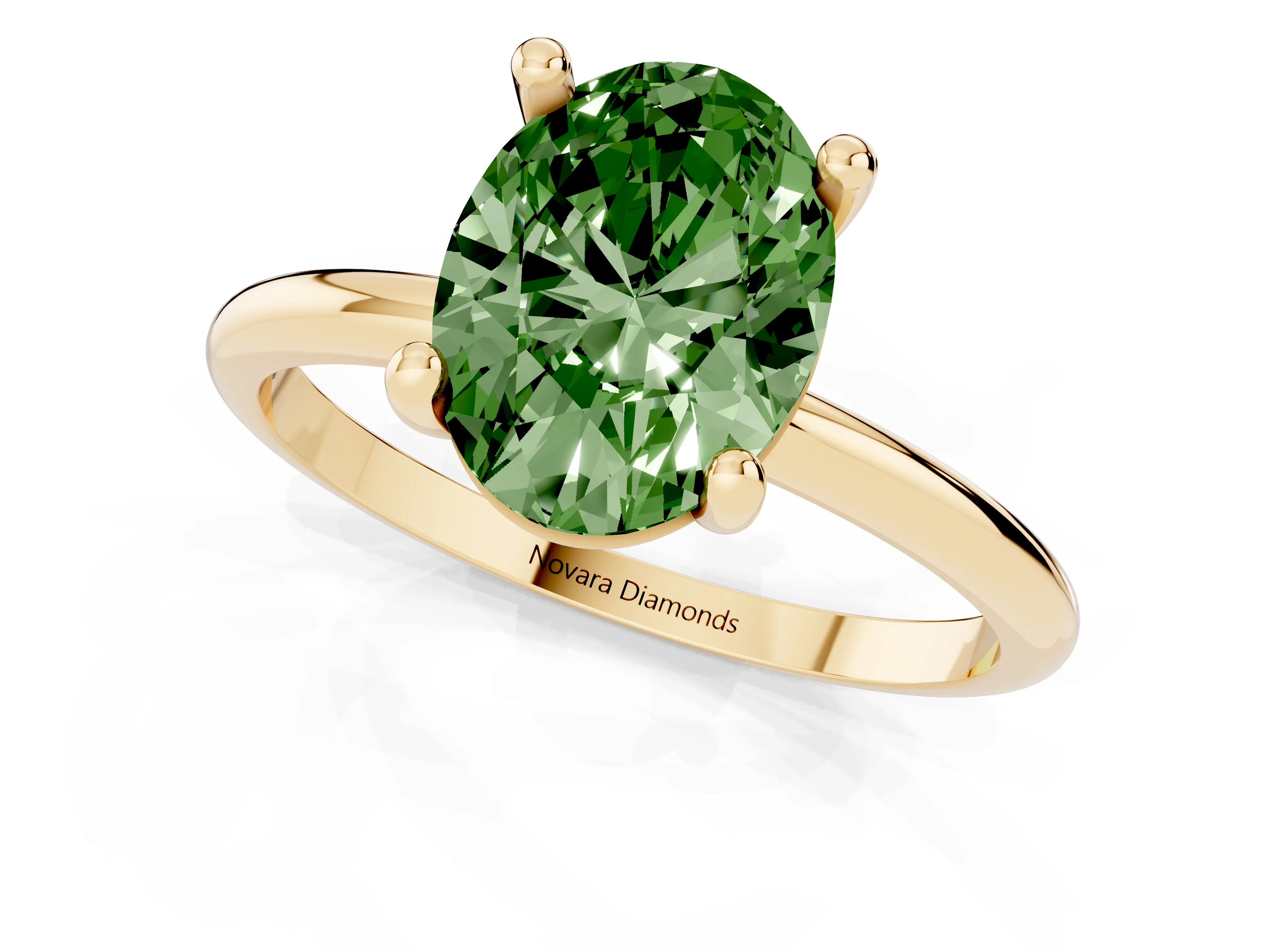 Fancy Green Oval Cut Diamond Solitaire Ring Set in Yellow gold with Secure Prong Setting on a Classic Band