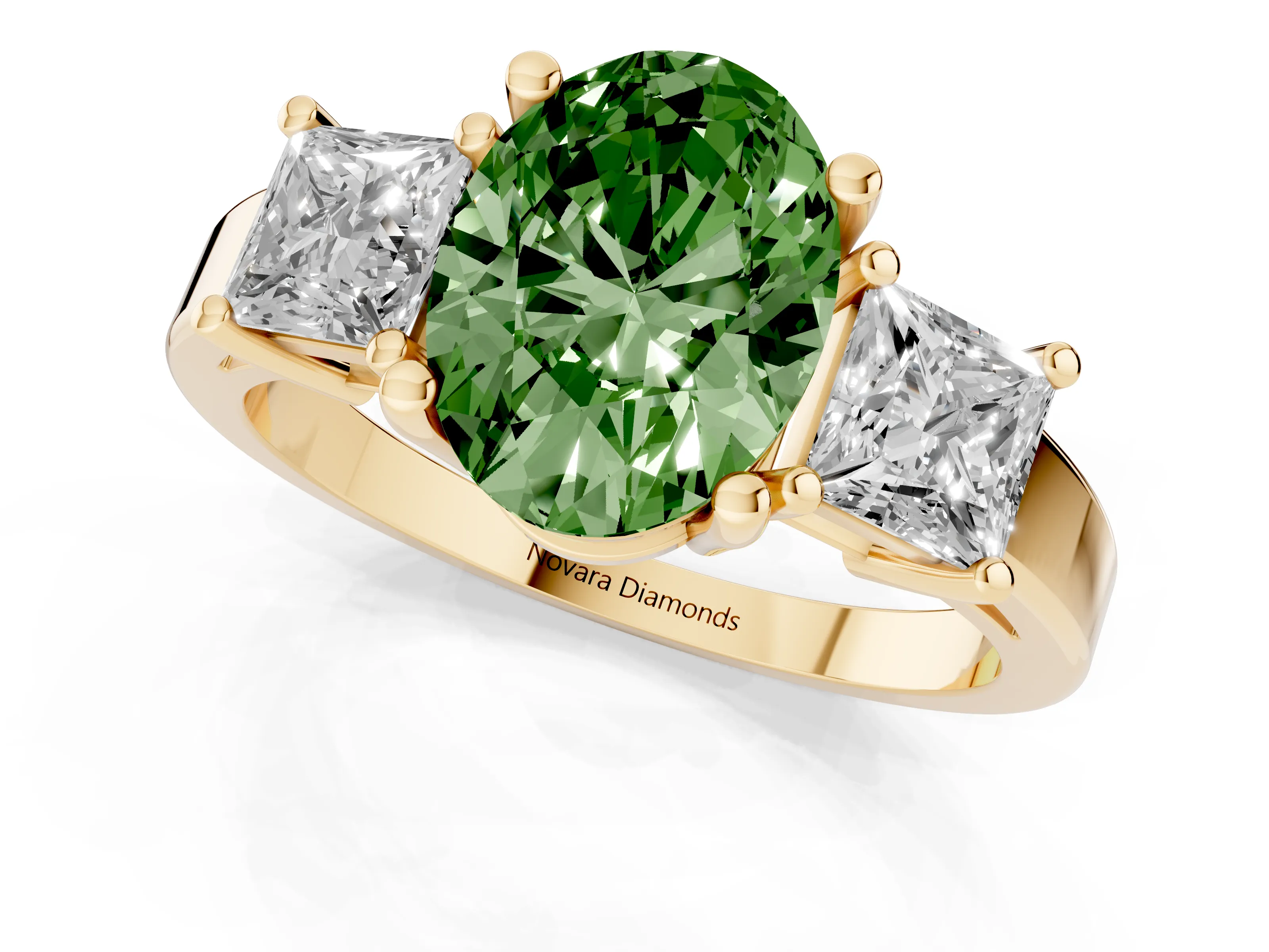Fancy Green Three-Stone Oval Cut Diamond Solitaire Ring Set in Yellow gold with Prong Setting