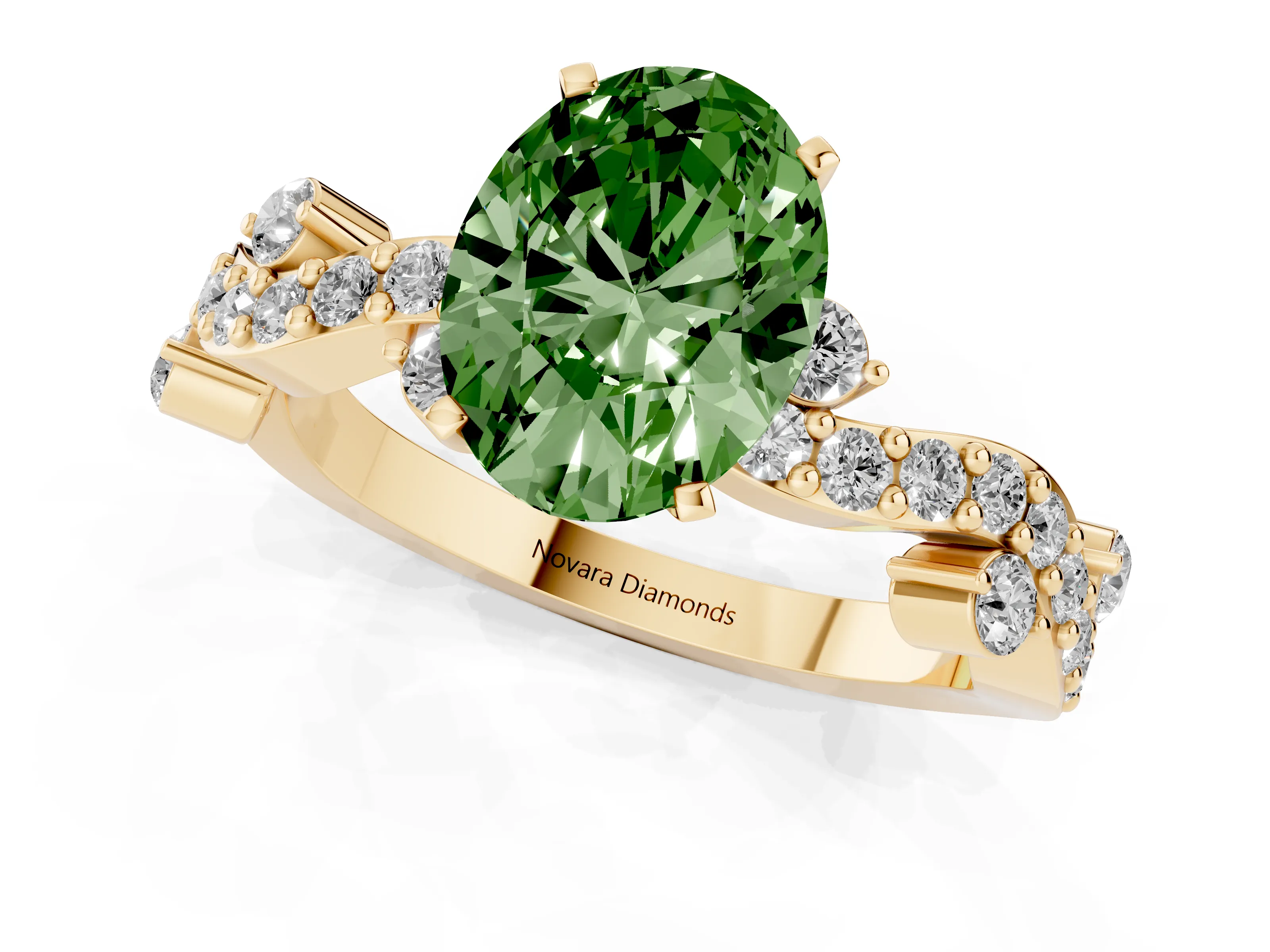 Fancy Green Oval Cut Diamond Solitaire Twisted Band Set in Yellow gold with Pavé Setting