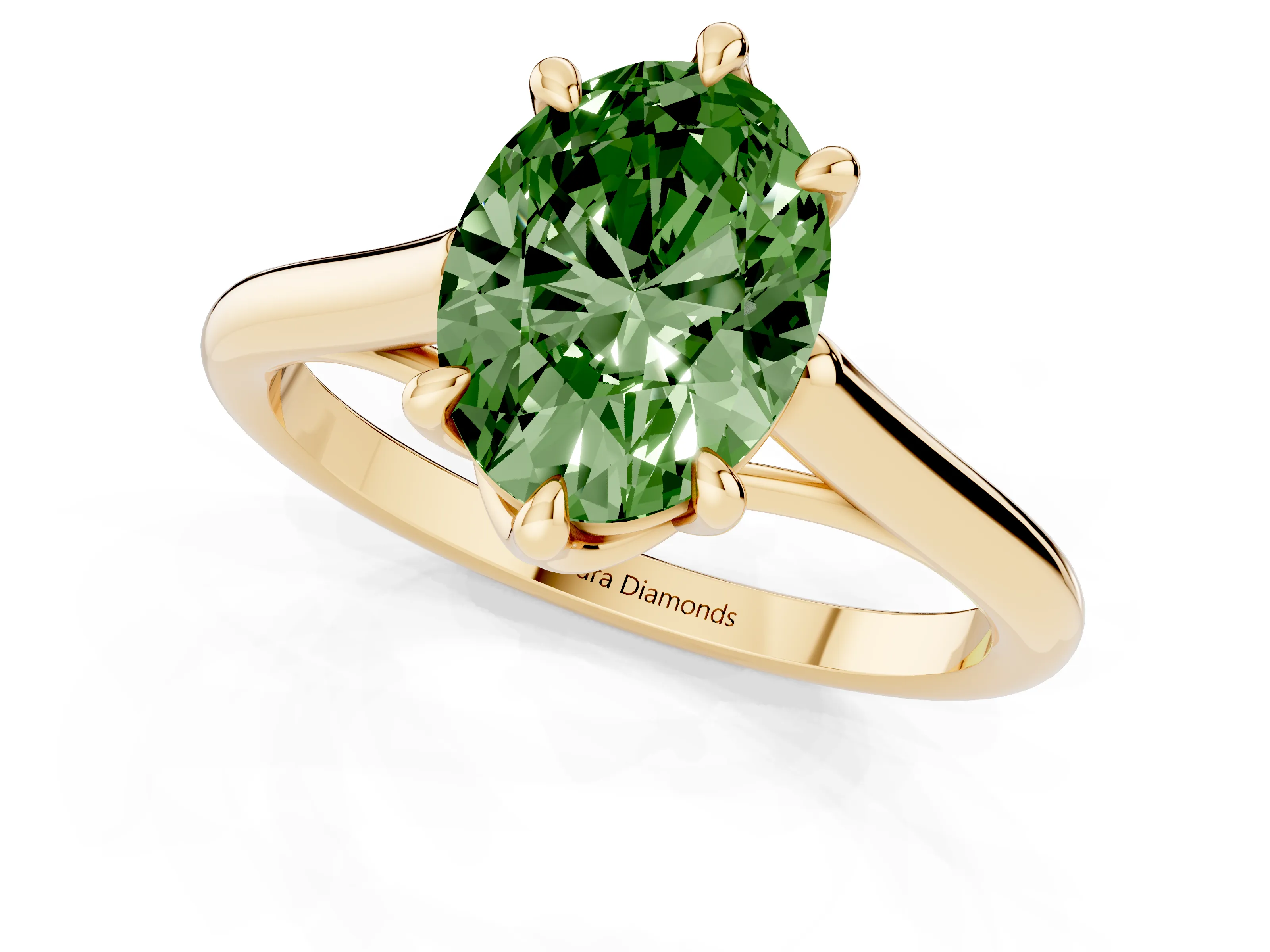 Fancy Green Oval Cut Diamond Solitaire Engagement Ring Set in Yellow gold with Prong Setting and Plain Classic Band