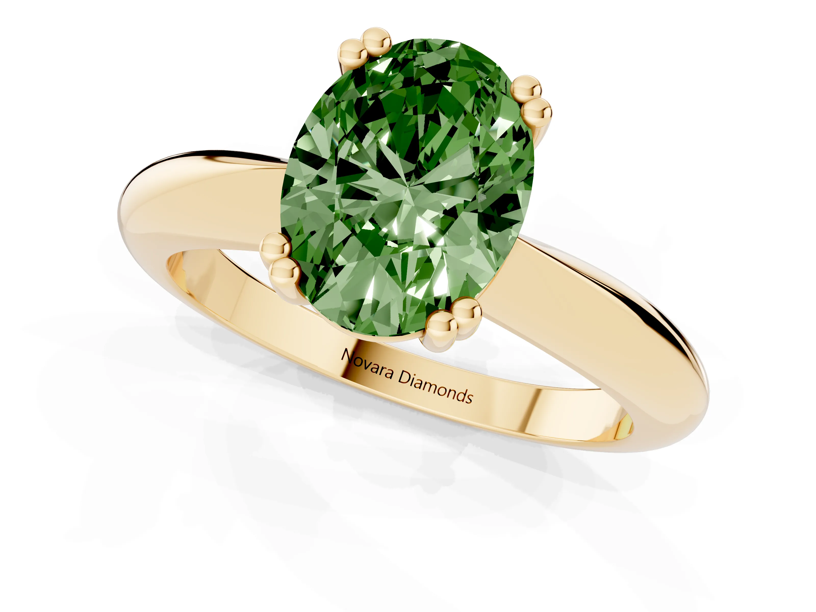 Fancy Green Oval Cut Diamond Solitaire Engagement Ring Set in Yellow gold with Tapered Band and Prong Setting