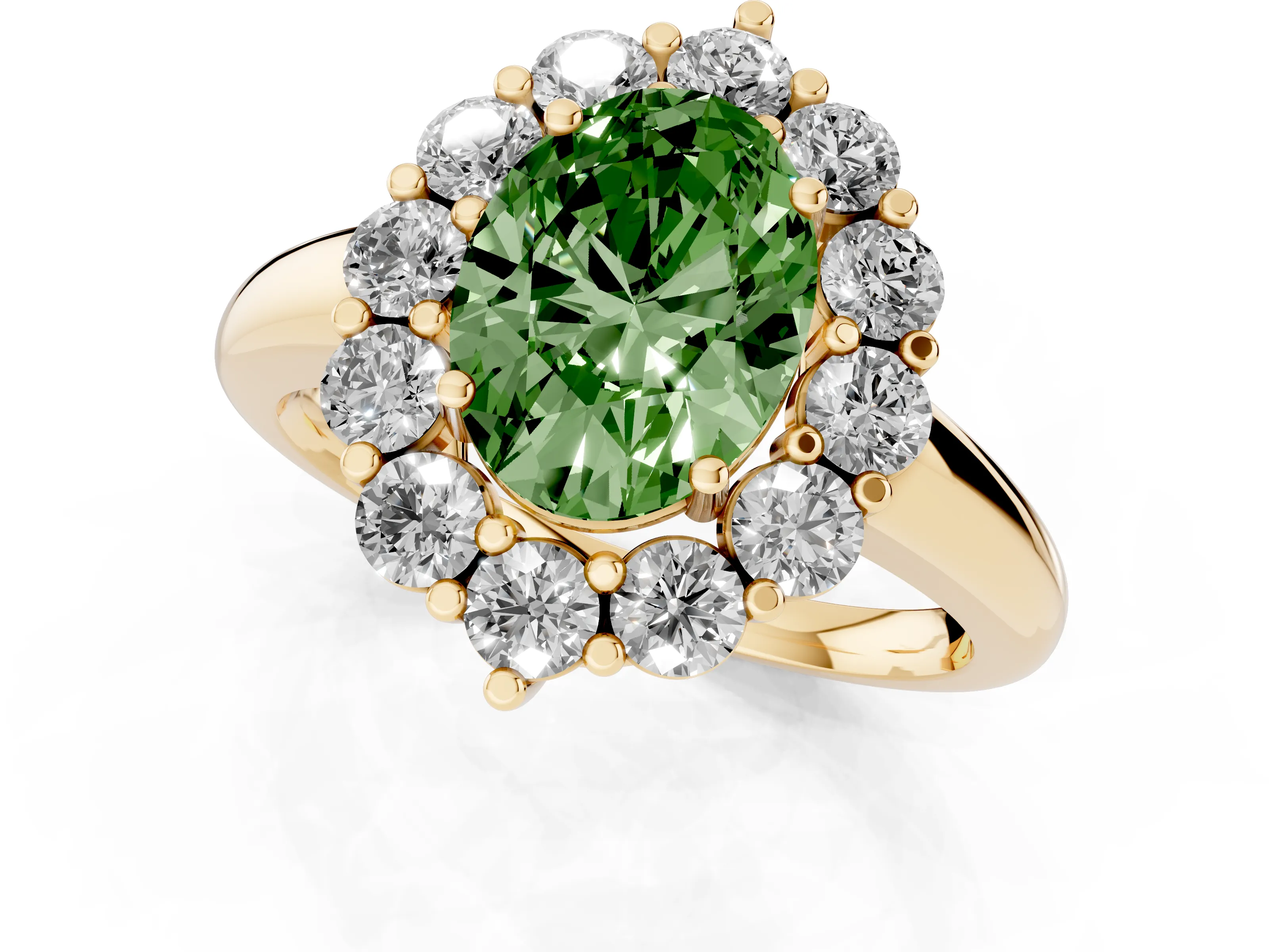 Fancy Green Oval Cut Diamond Halo Cluster Engagement Ring Set in Yellow gold with Polished Band and Prong Setting