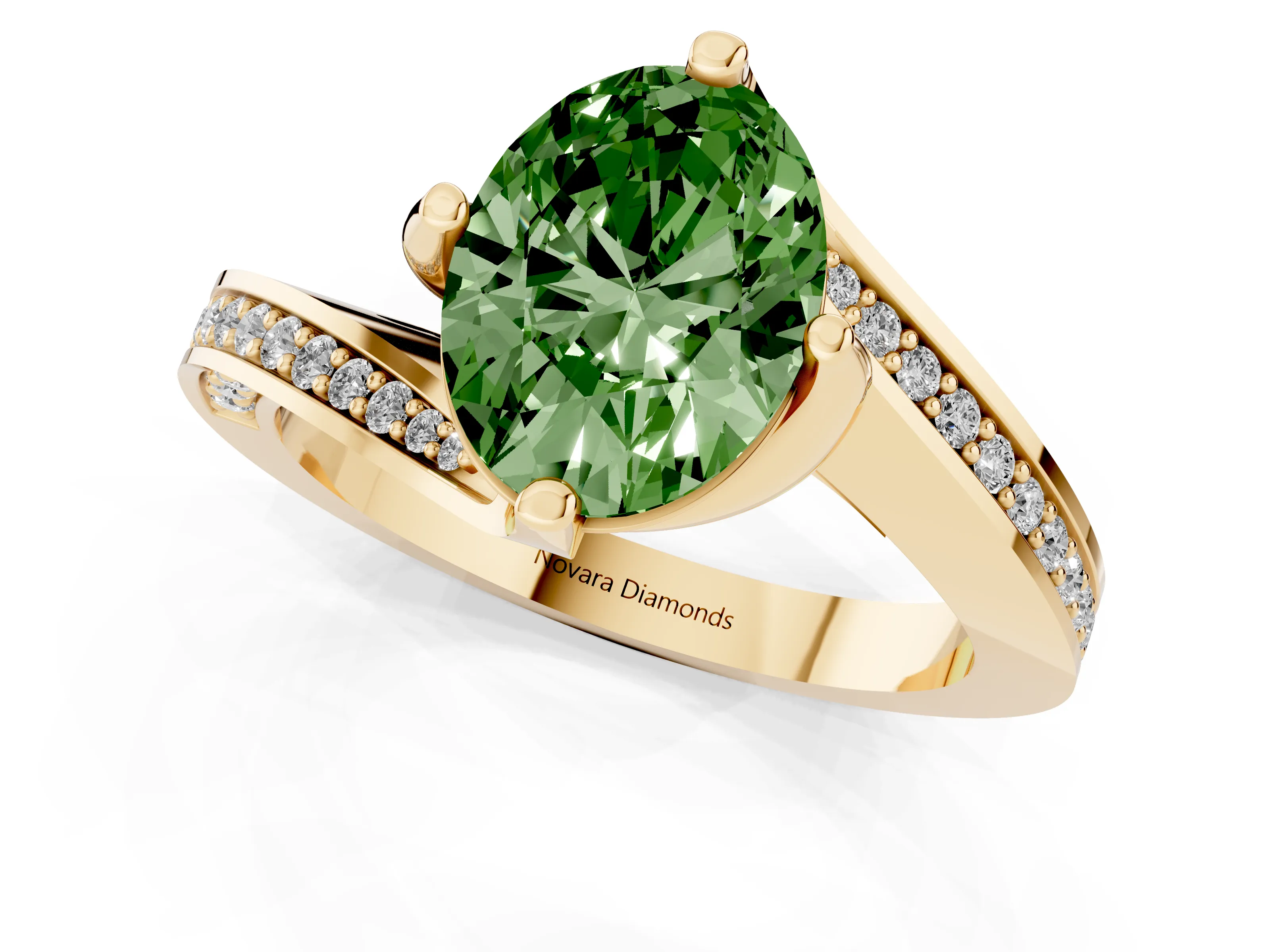 Fancy Green Oval Cut Diamond Solitaire Ring Set in Yellow gold with Intertwined Pavé Twist Band
