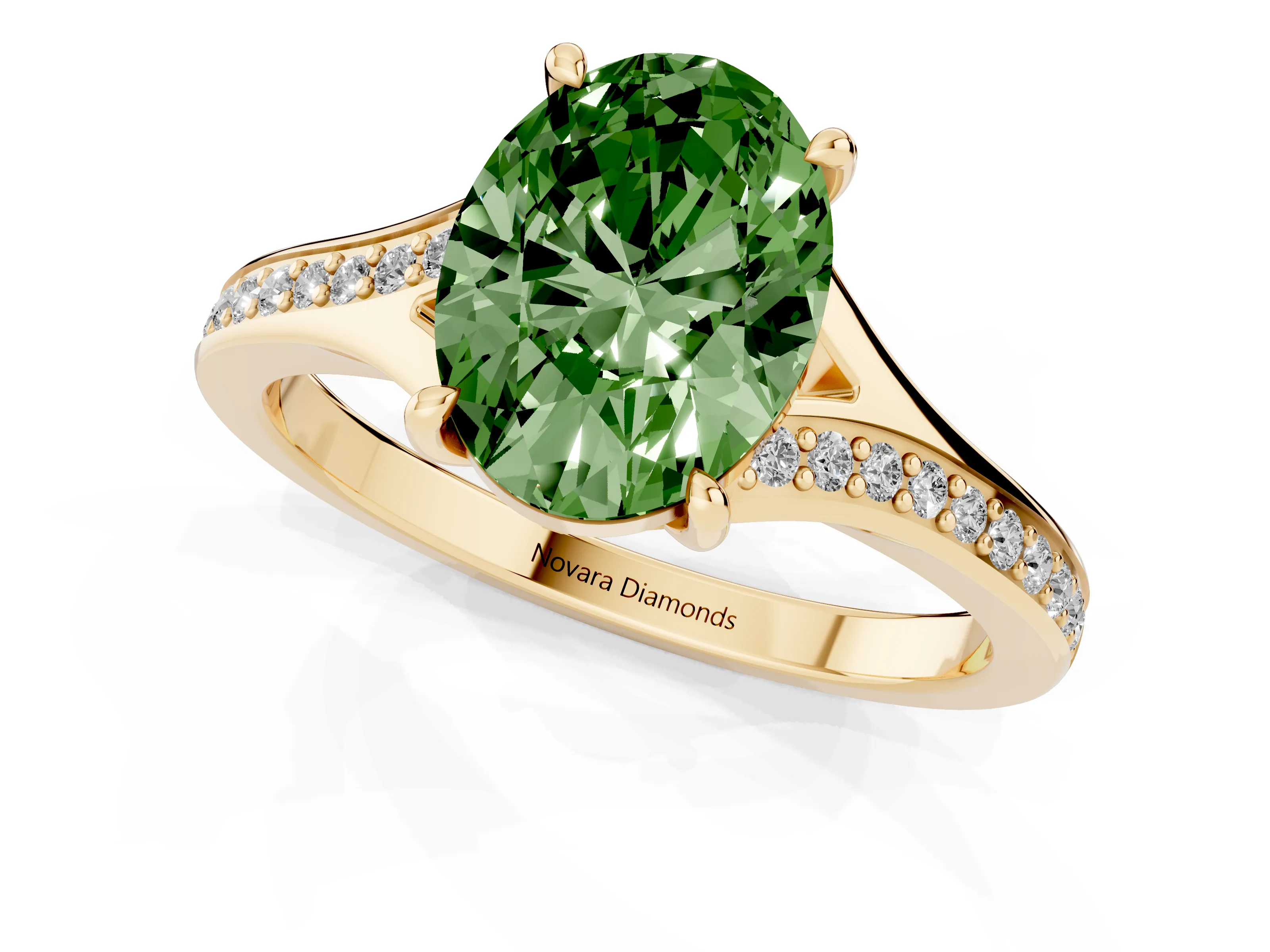 Fancy Green Oval Cut Diamond Solitaire Ring Set in Yellow gold with Pavé Accent Band and Classic Prong Setting