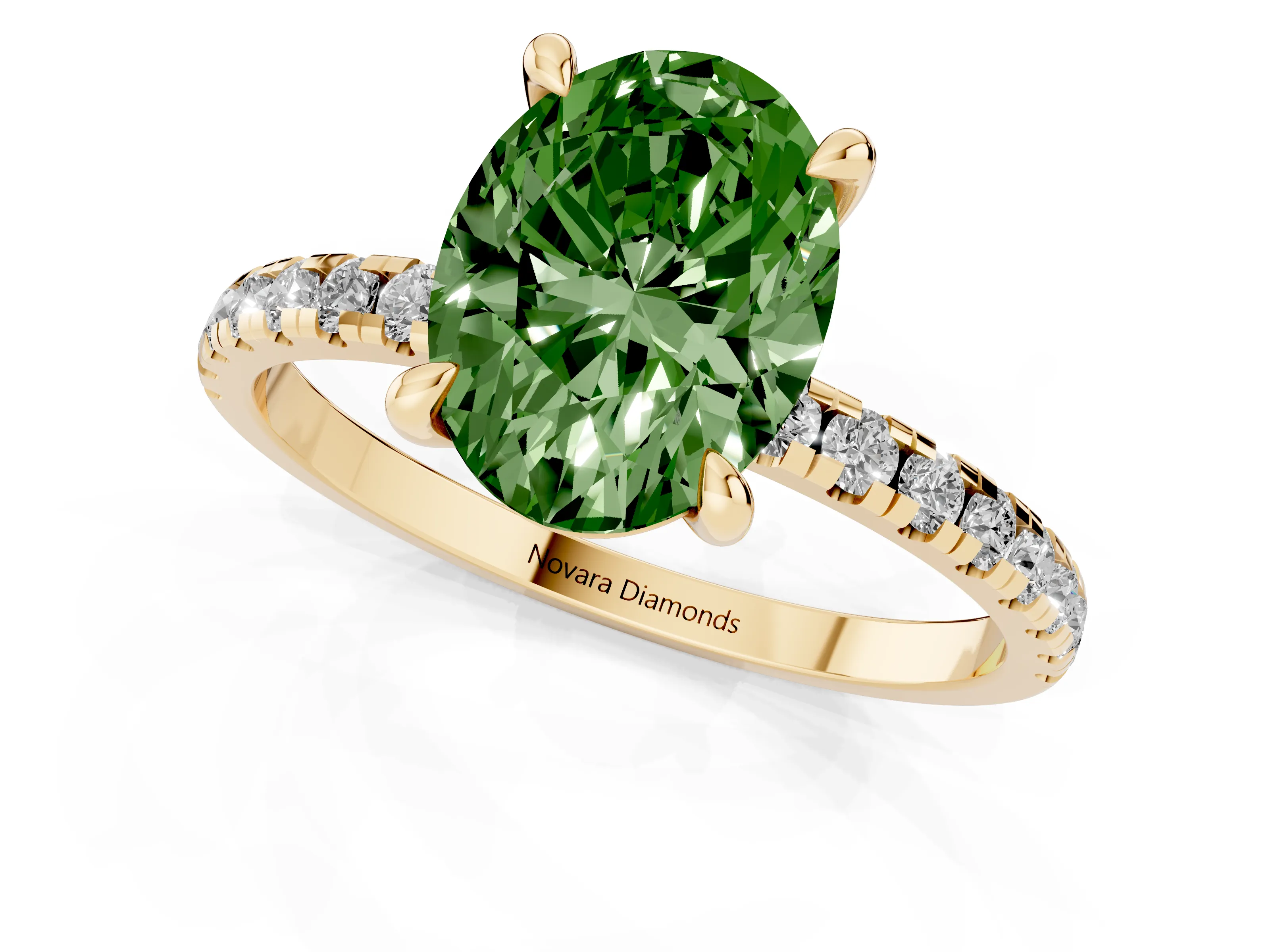Fancy Green Oval Cut Diamond Brilliant Solitaire Ring Set in Yellow gold with Pavé Band and Prong Setting
