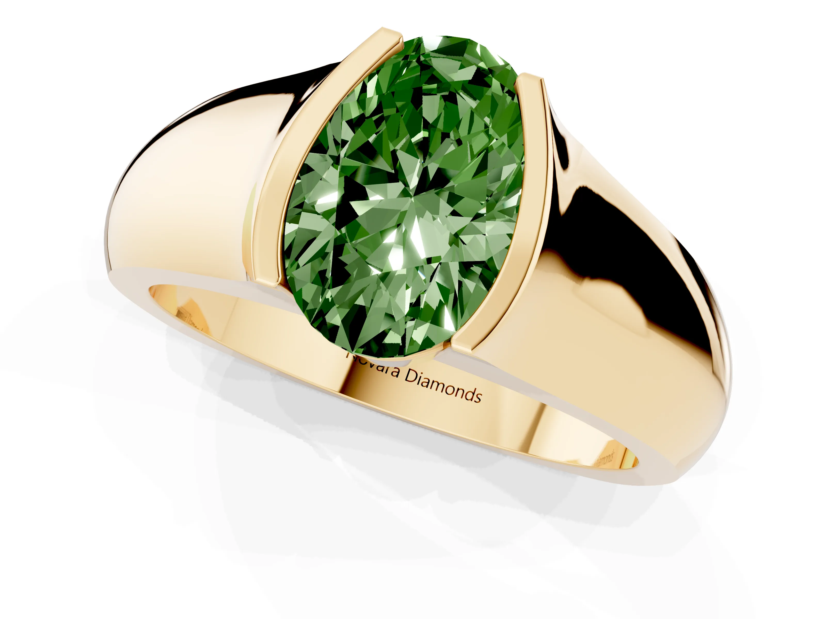 Fancy Green Oval Cut Diamond Bezel Solitaire Ring Set in Yellow gold with Wide Band