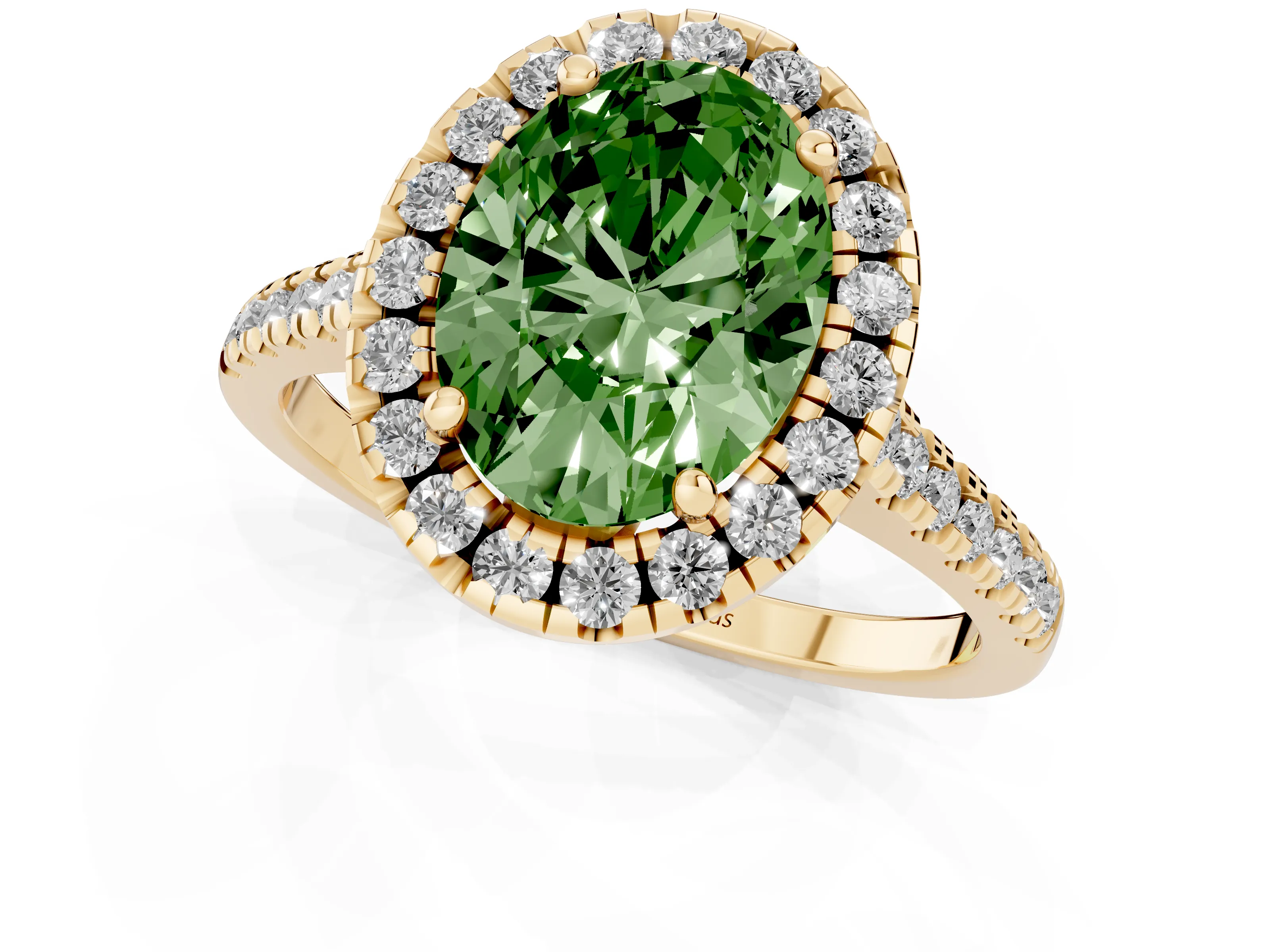 Fancy Green Oval Cut Diamond Cushion Halo Ring Set in Yellow gold with Pavé Band