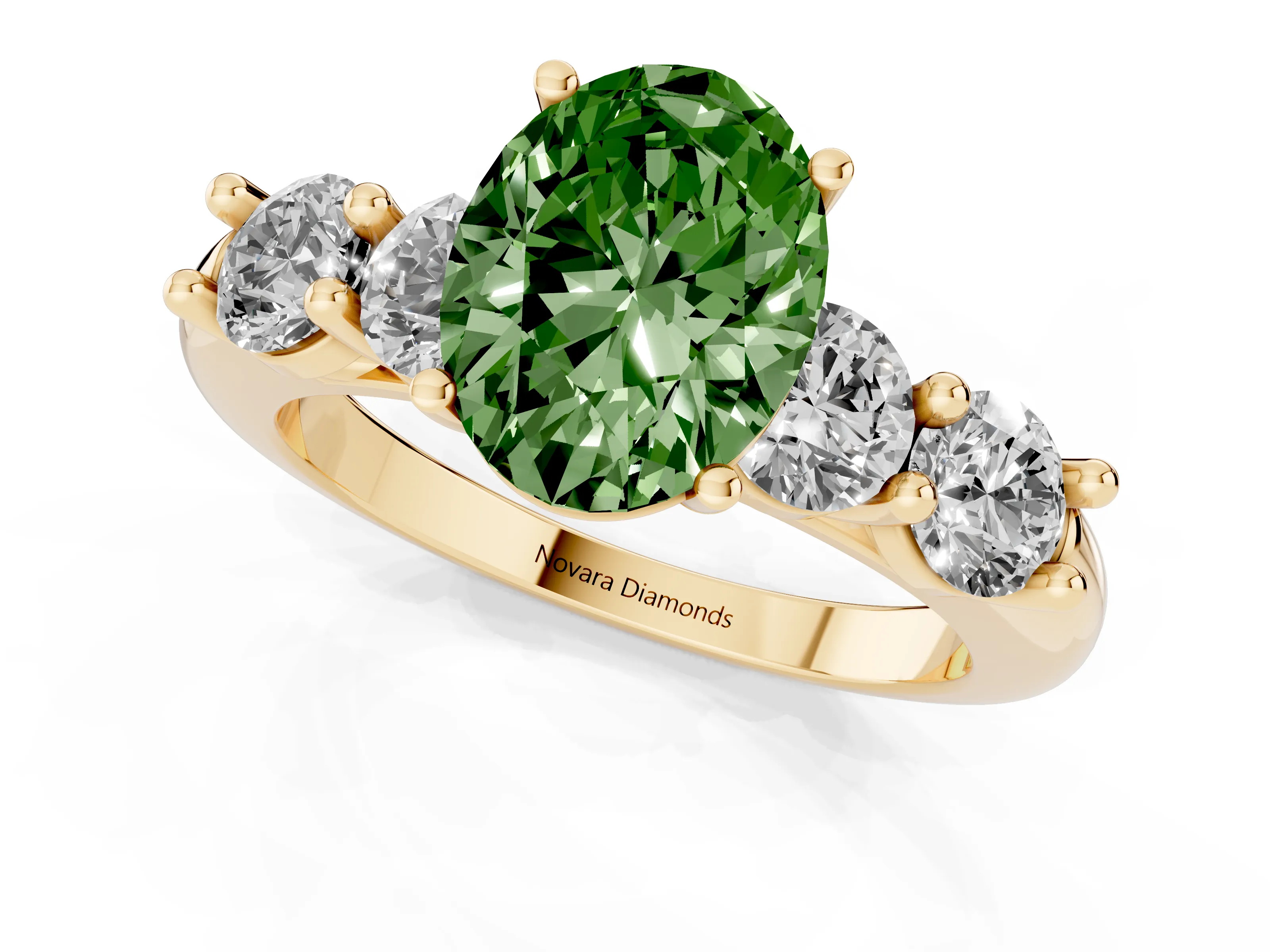 Fancy Green Oval Cut Diamond Five-Stone Prong Set Ring Set in Yellow gold with Classic Band