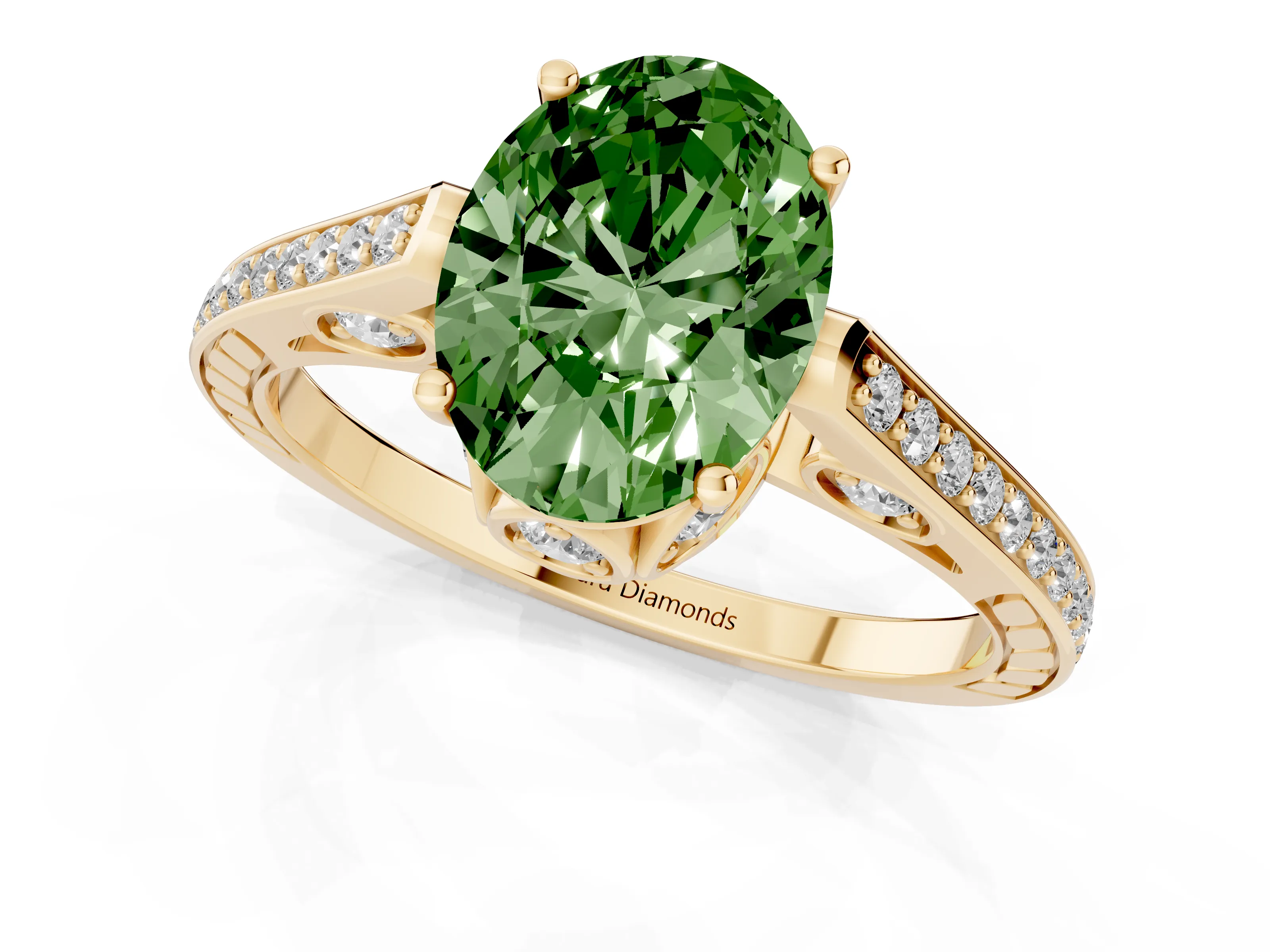 Fancy Green Oval Cut Diamond Cathedral Pavé Engagement Ring Set in Yellow gold with Prong Setting