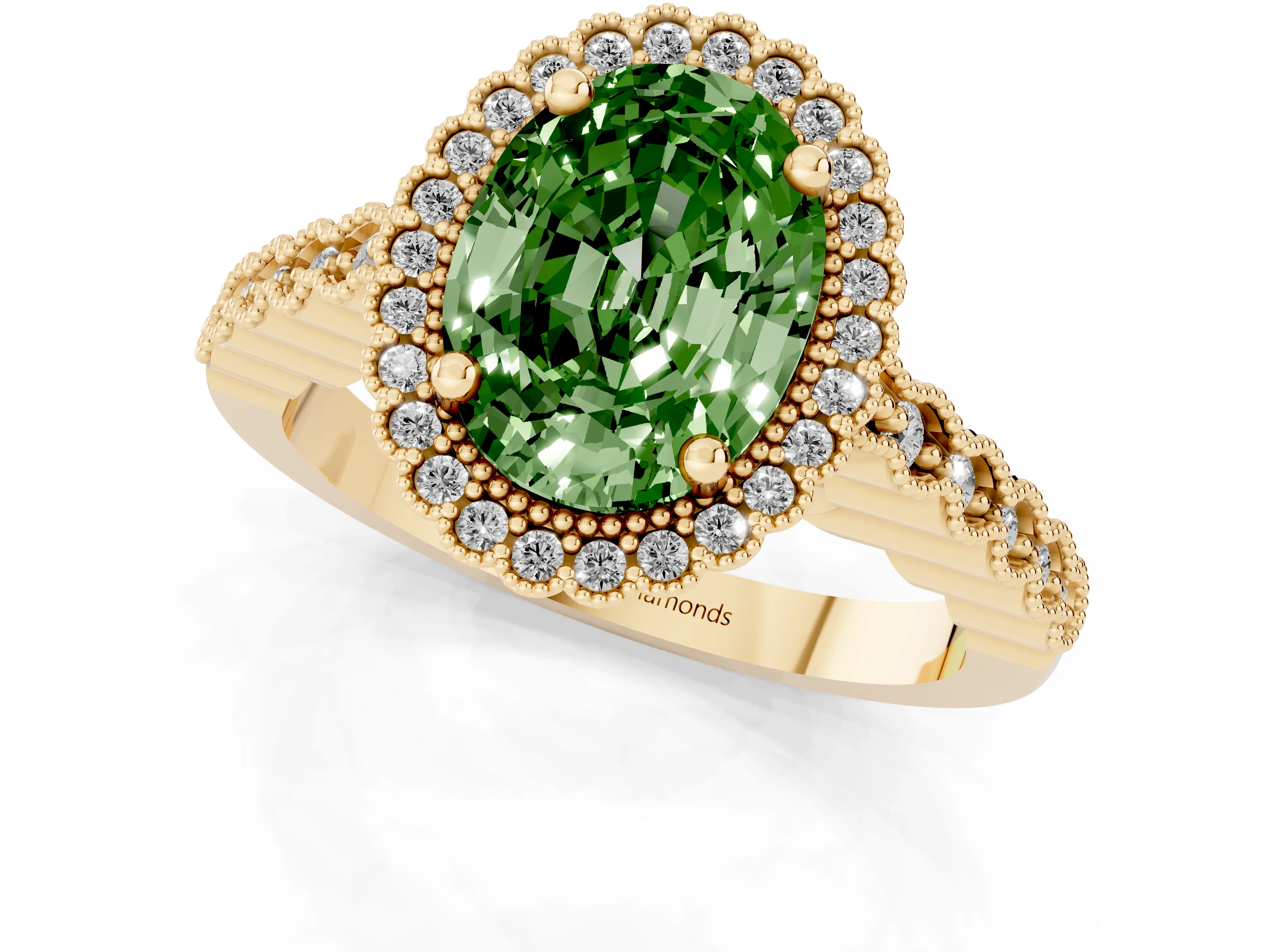 Fancy Green Oval Cut Diamond Halo Ring Set in Yellow gold with Pavé Milgrain Band