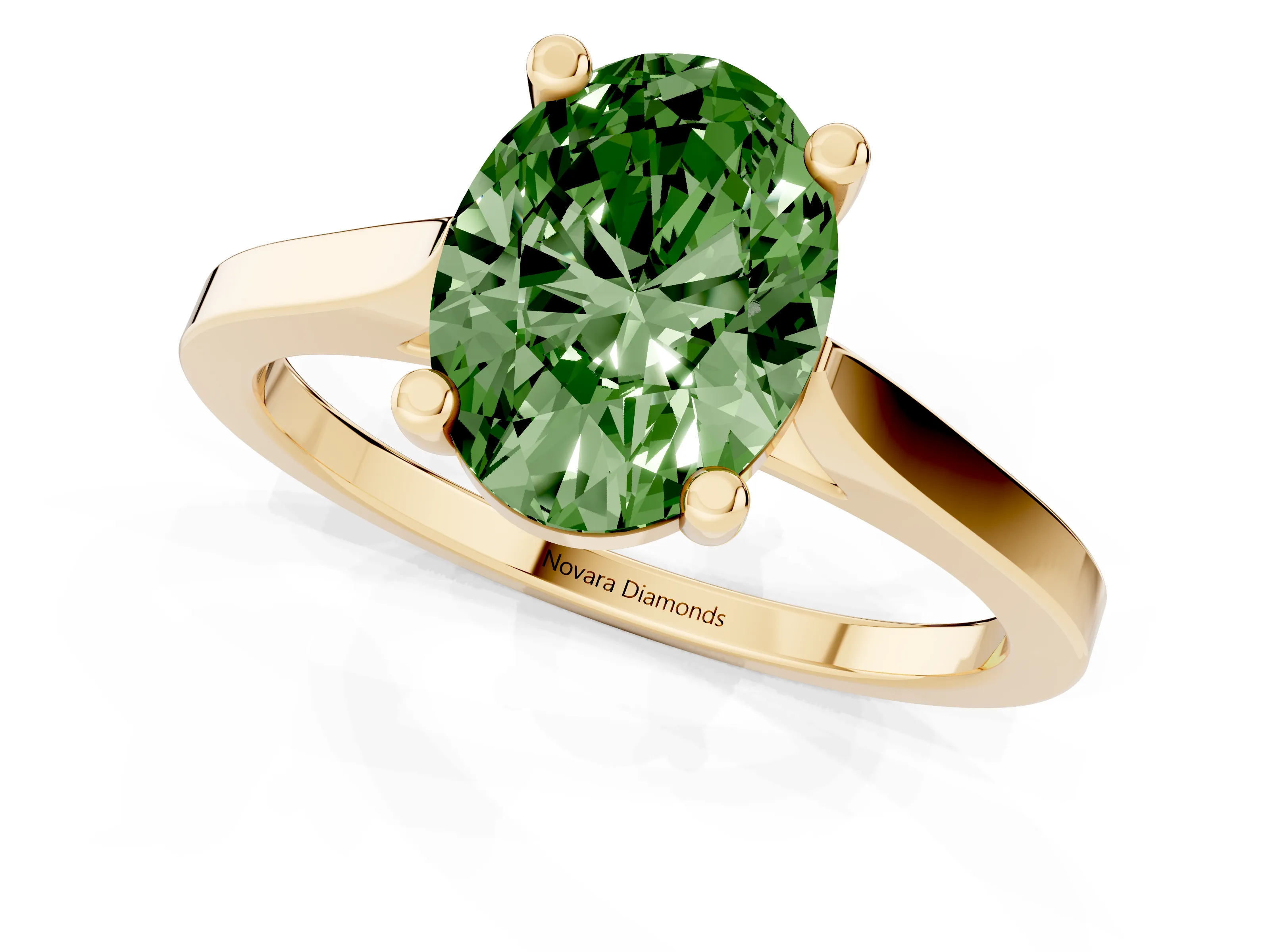 Fancy Green Oval Cut Diamond Solitaire Ring Set in Yellow gold with Prong Setting and Tapered Band