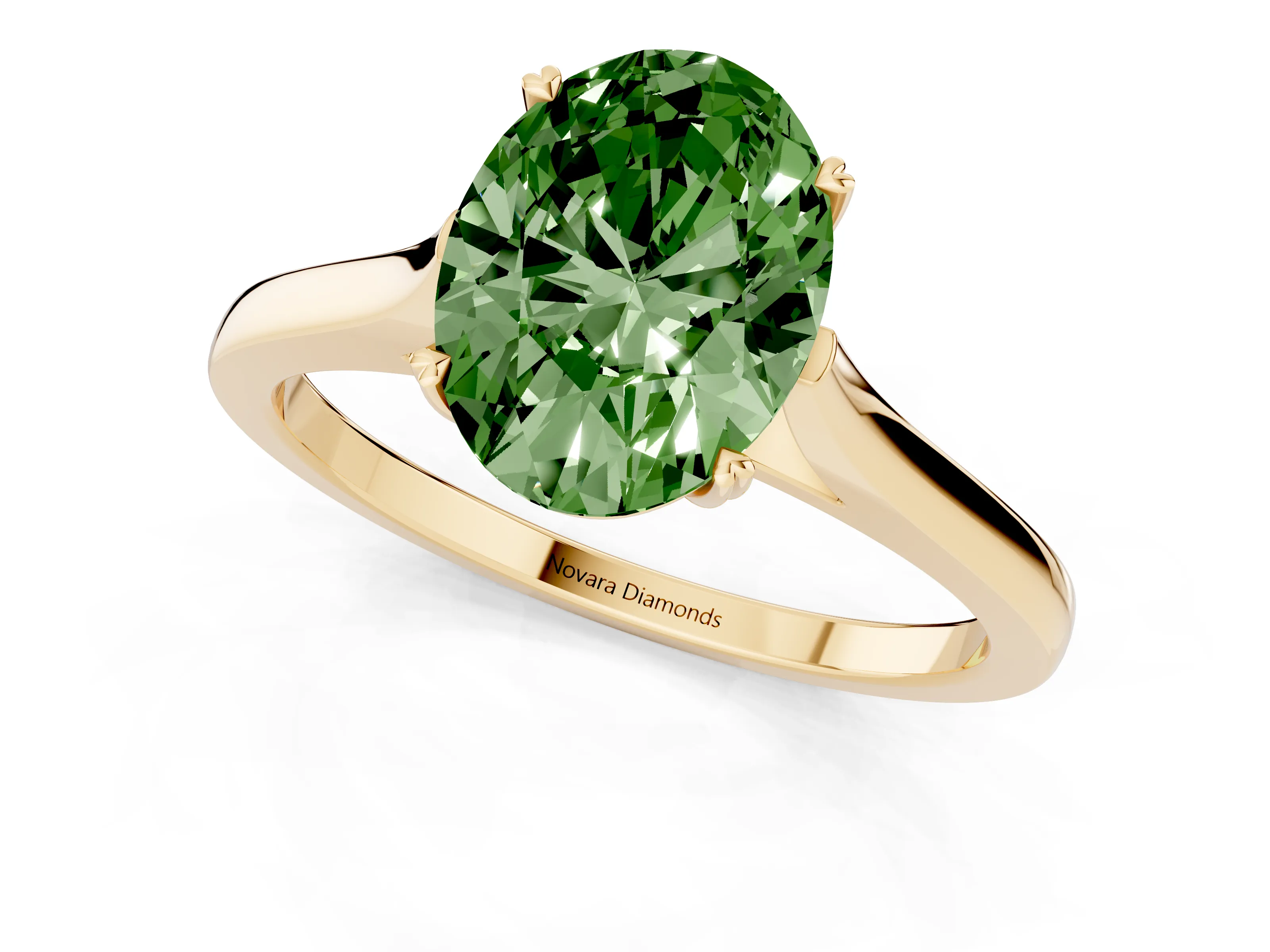 Fancy Green Oval Cut Diamond Solitaire Heart Prong Engagement Ring Set in Yellow gold with Tapered Band