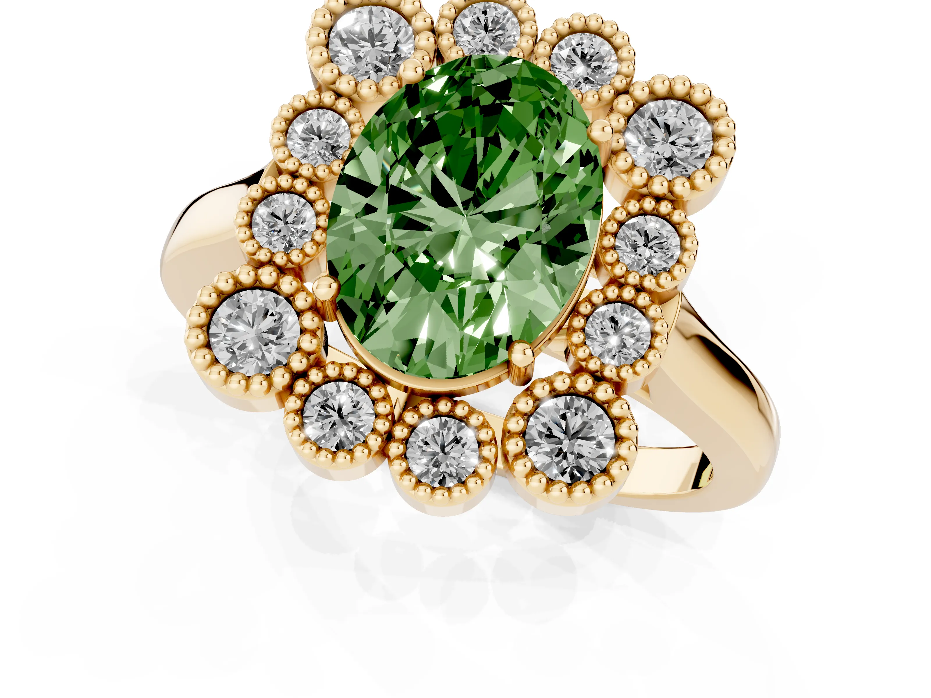 Fancy Green Oval Cut Diamond Cluster Halo Ring Set in Yellow gold with Milgrain Bezel Accents and Plain Band