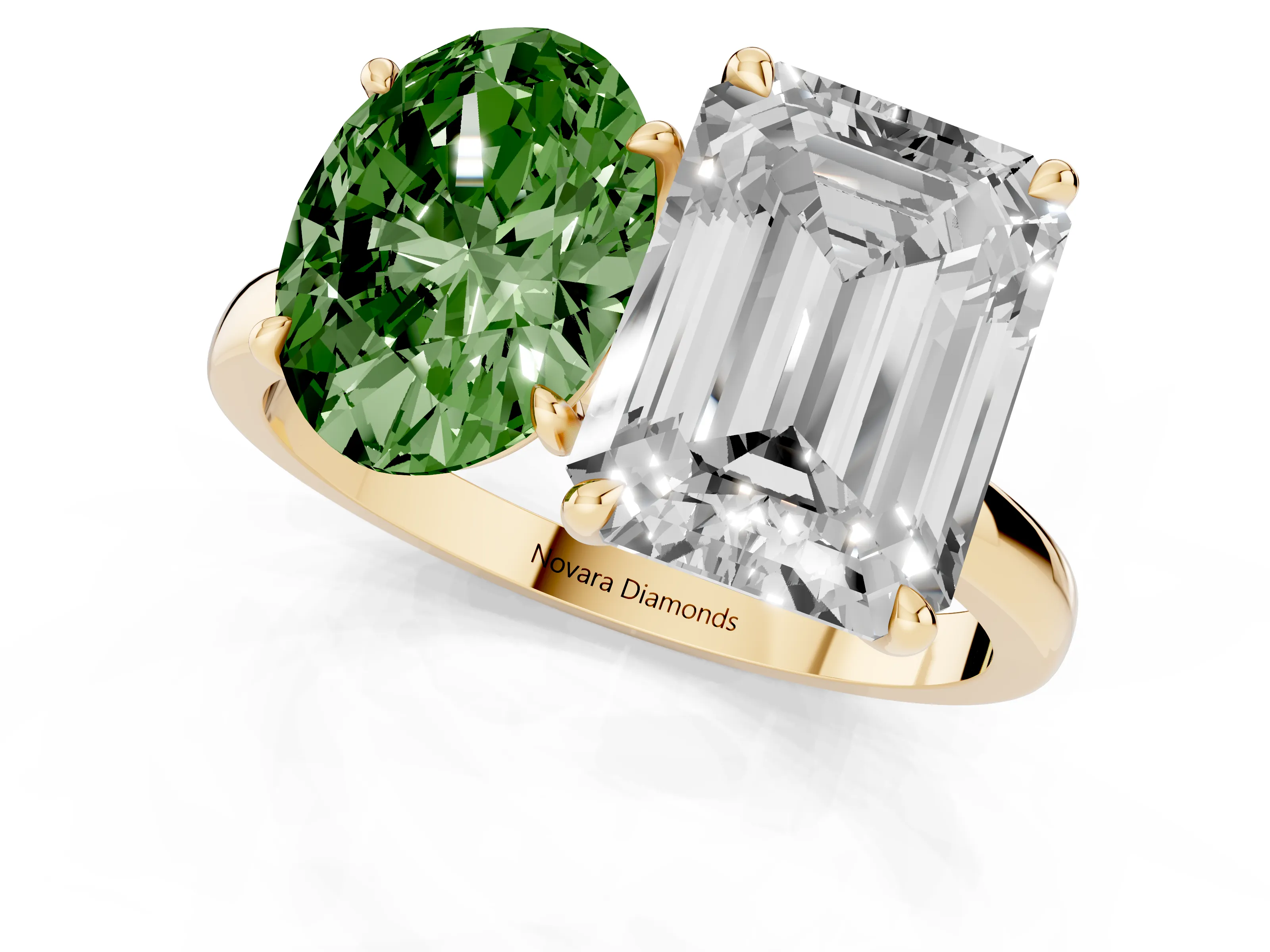Fancy Green Oval Cut and Emerald Cut Toi Moi Ring Set in Yellow gold with Prong Setting