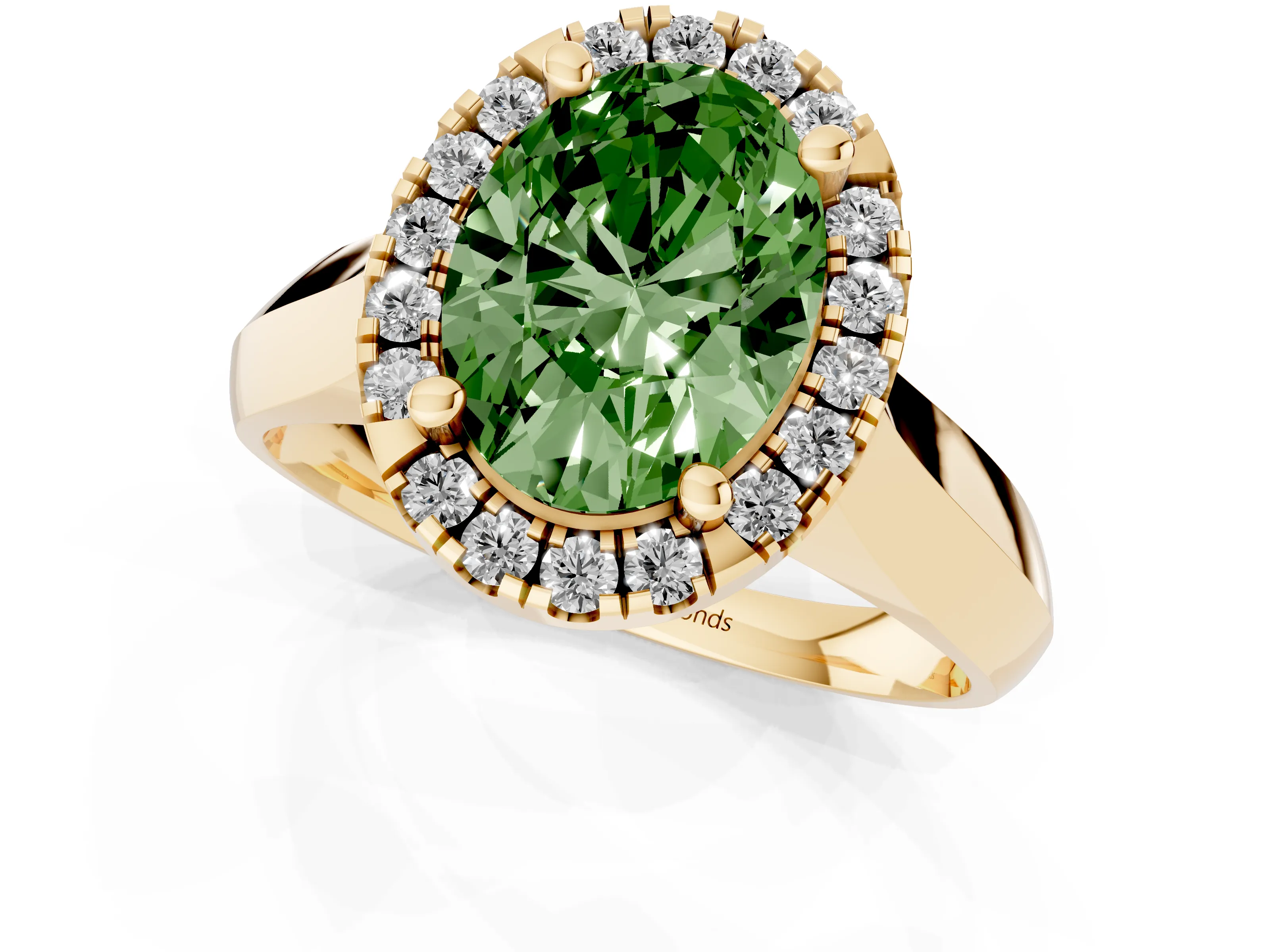 Fancy Green Oval Cut Diamond Halo Solitaire Engagement Ring Set in Yellow gold with Square Band and Prong Setting