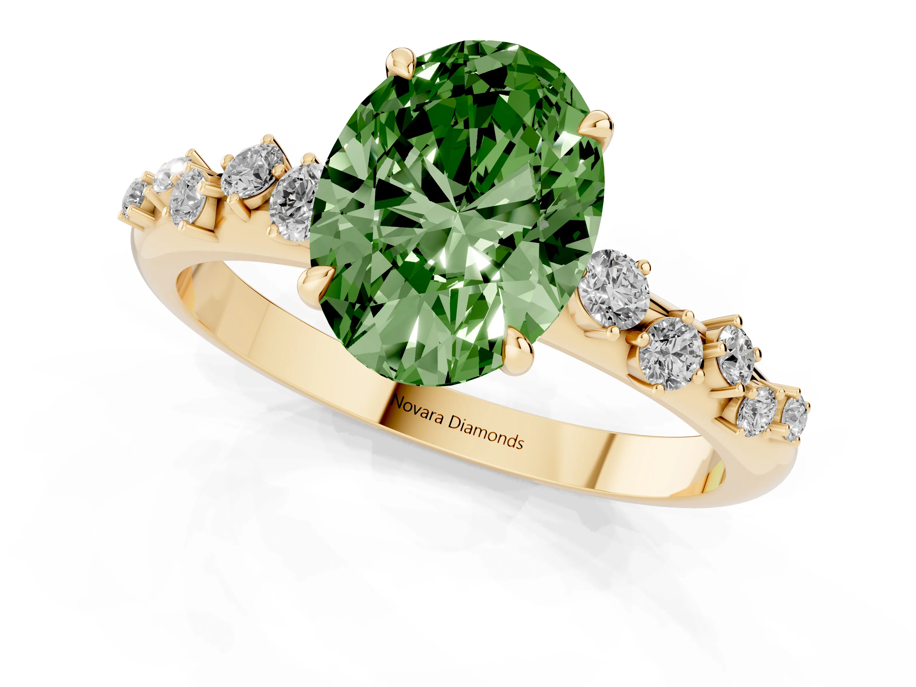 Fancy Green Oval Cut Diamond Cluster Solitaire Ring Set in Yellow gold with Prong Setting