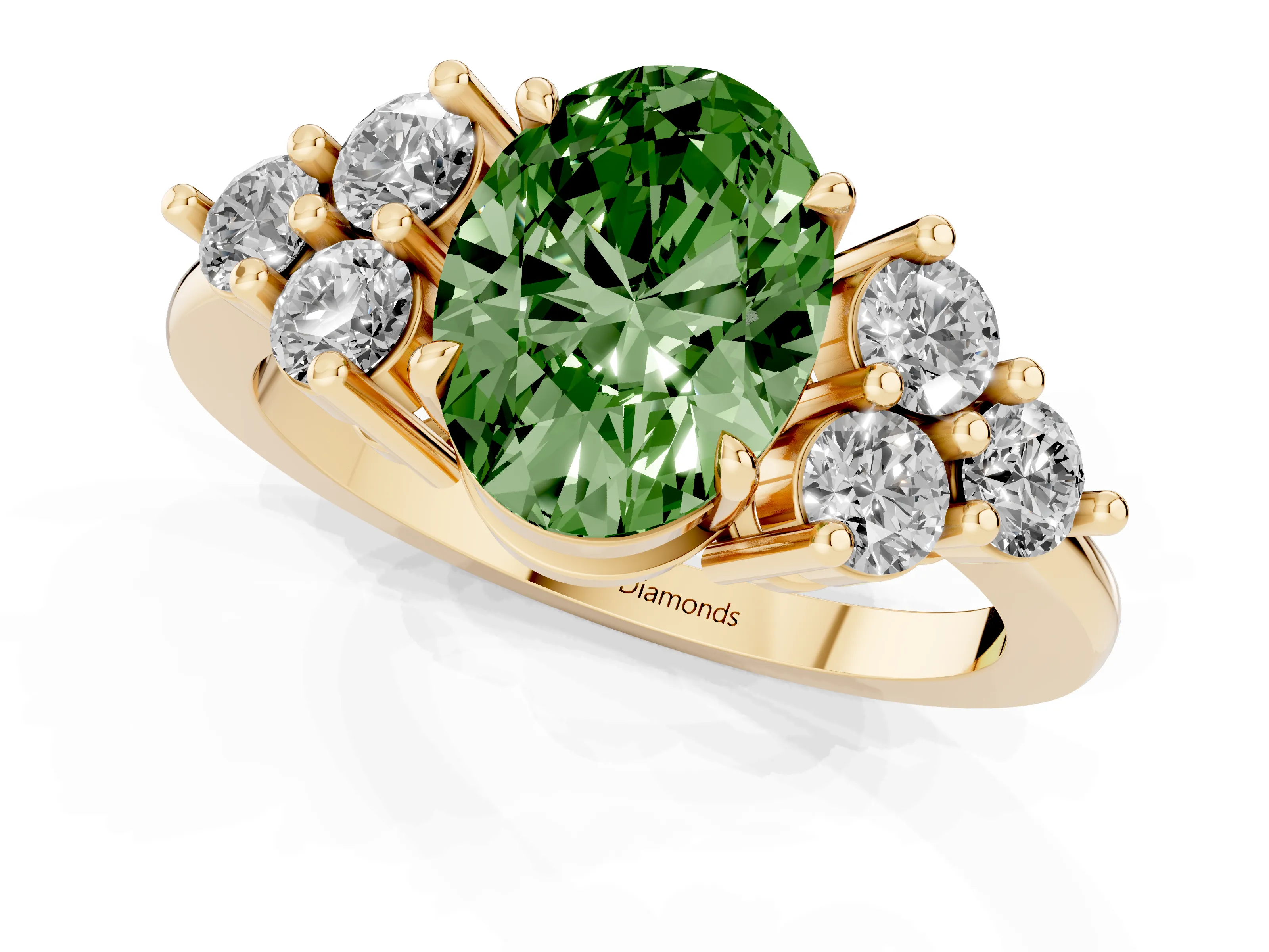 Fancy Green Oval Cut Diamond Solitaire Ring Set in Yellow gold with Cluster Accents on Each Side