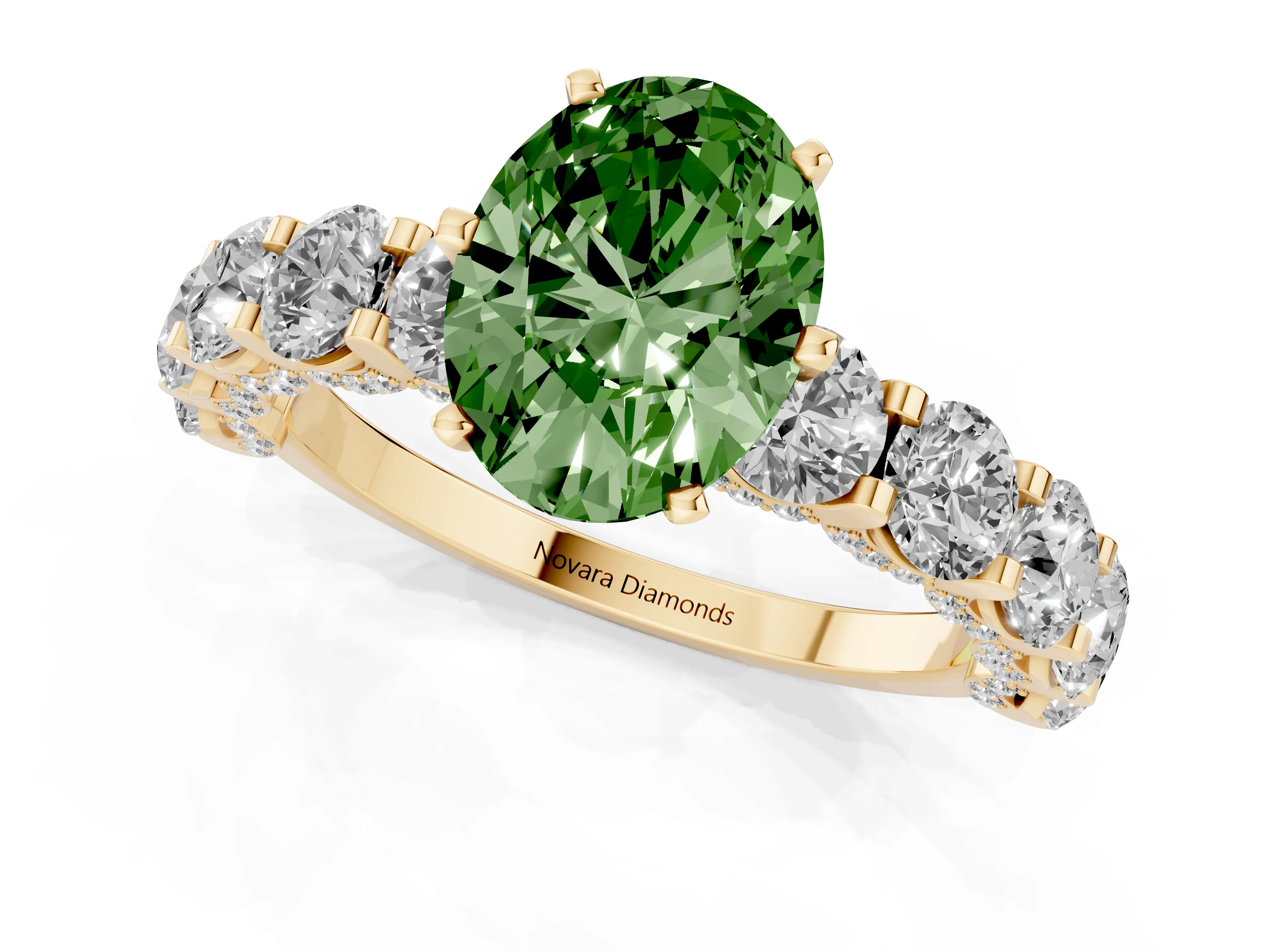 Fancy Green Oval Cut Diamond Side Stone Ring Set in Yellow gold with Alternating Round and Oval Side Stones