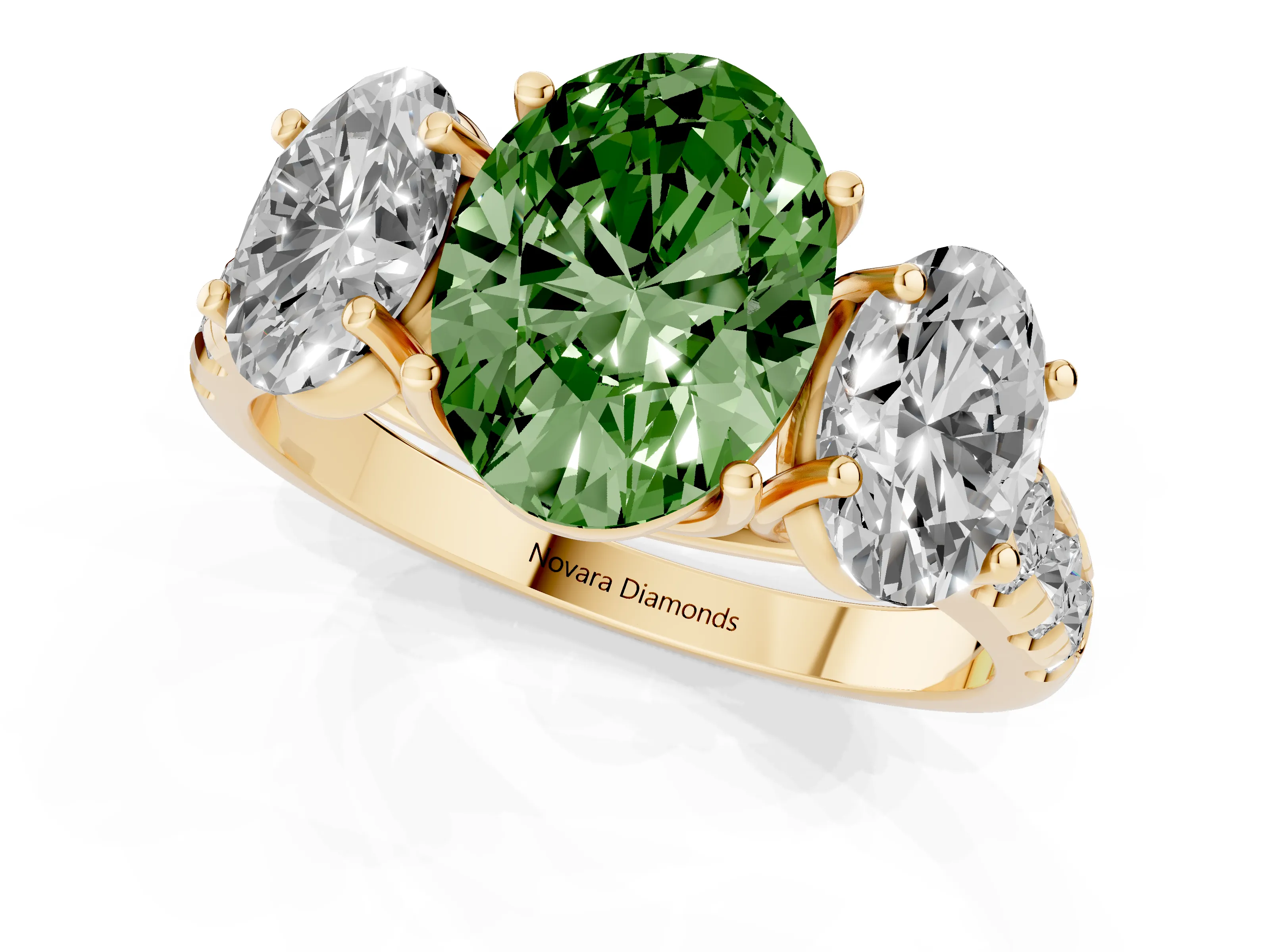 Fancy Green Oval Cut Diamond Three-Stone Ring Set in Yellow gold with Pavé Band