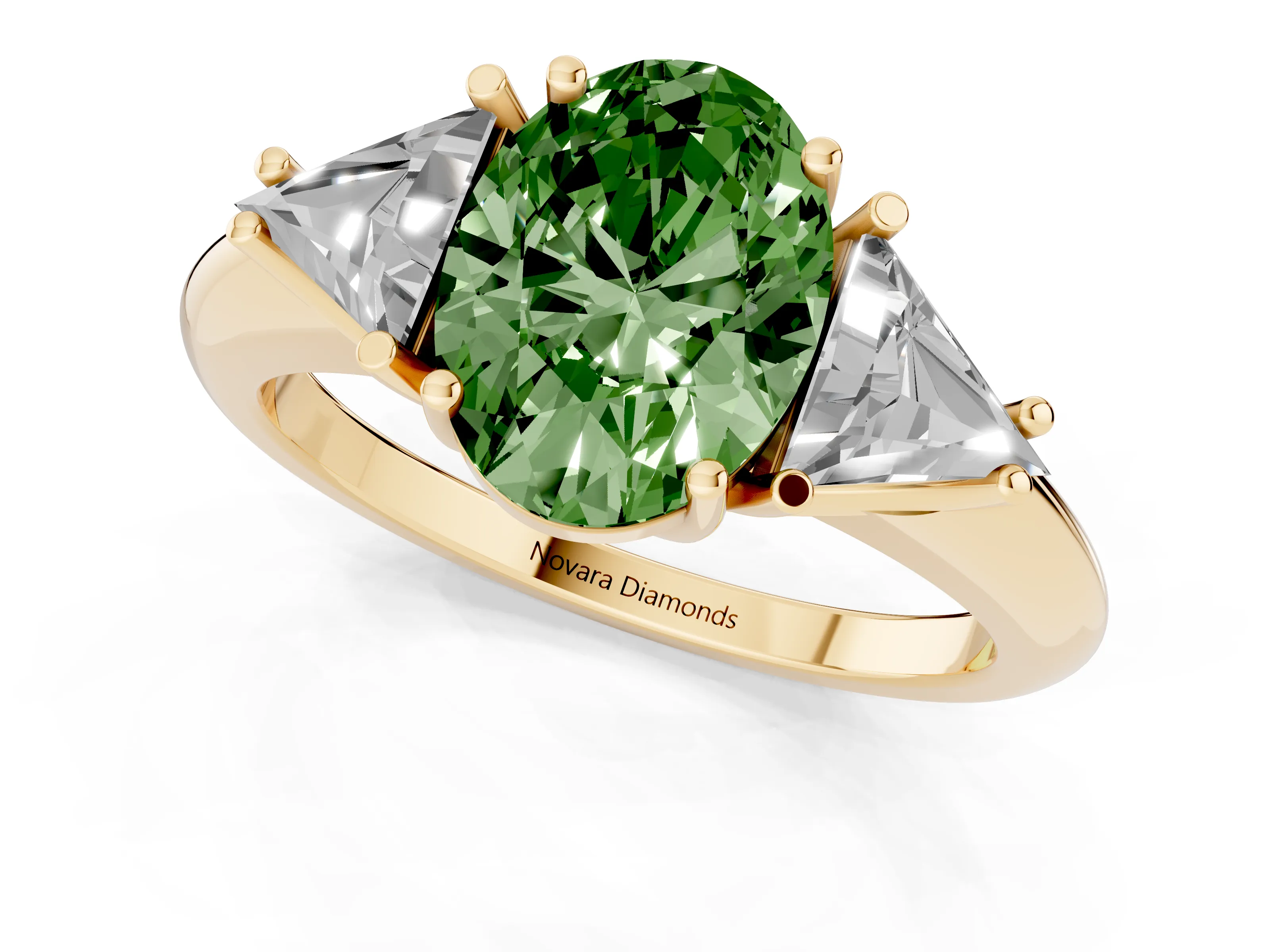 Fancy Green Oval Cut Diamond Three-Stone Engagement Ring Set in Yellow gold with Trillion Side Stones