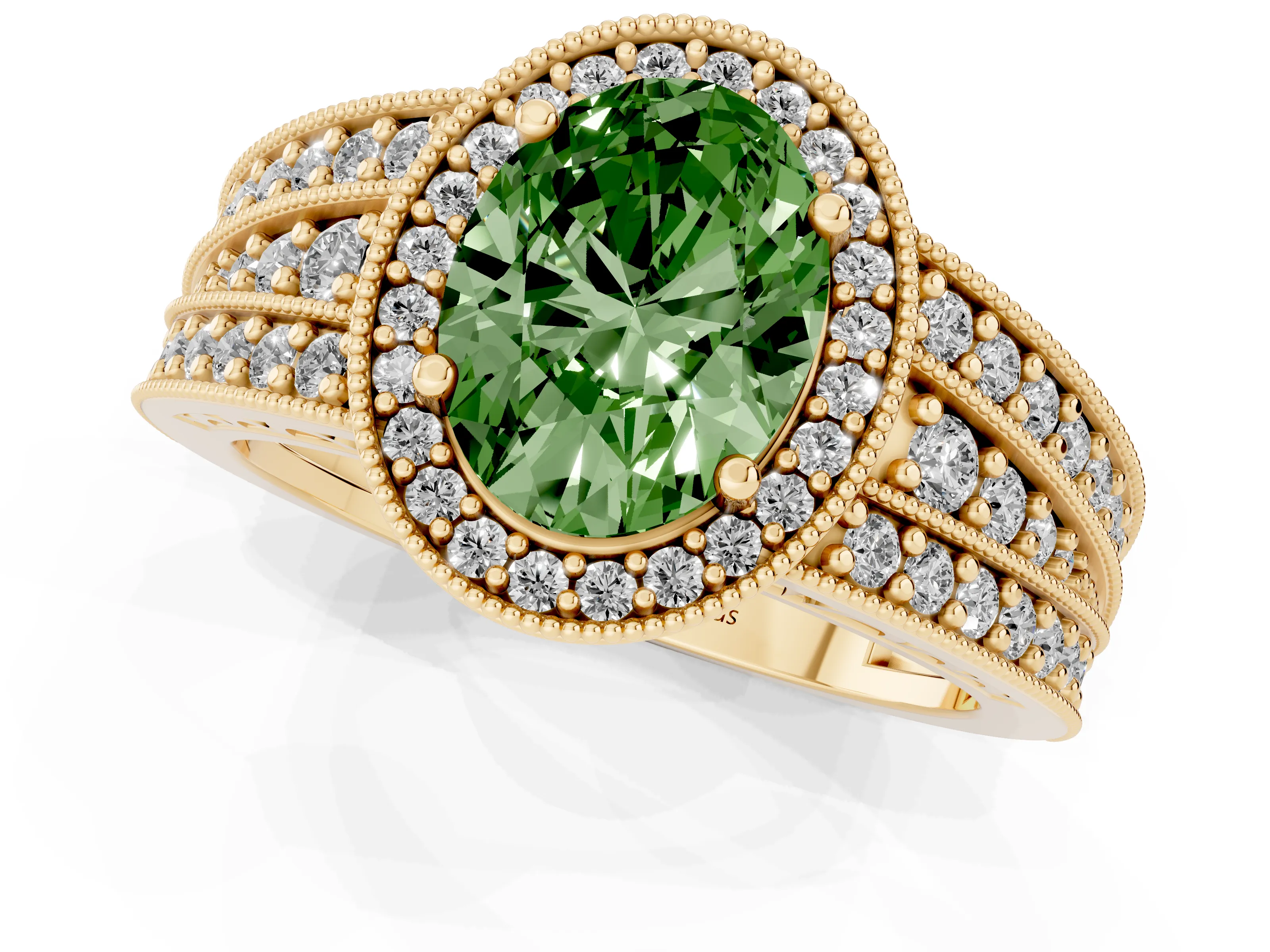 Fancy Green Oval Cut Diamond Halo Ring Set in Yellow gold with Accent Split Shank and Prong Setting