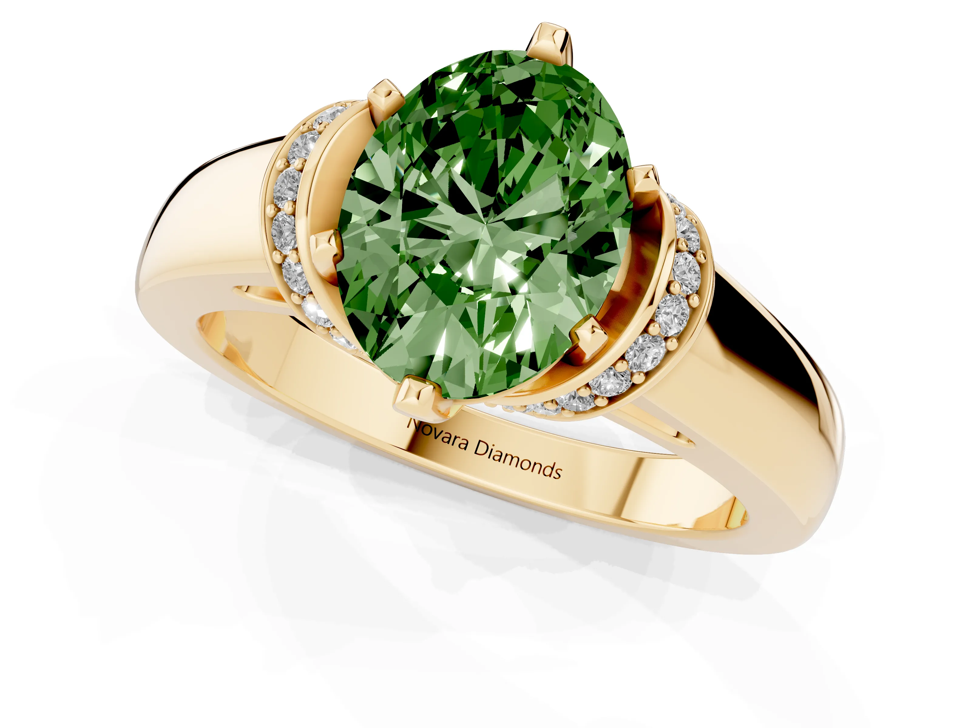 Fancy Green Oval Cut Diamond Pavé Band Solitaire Ring Set in Yellow gold with Prong Setting