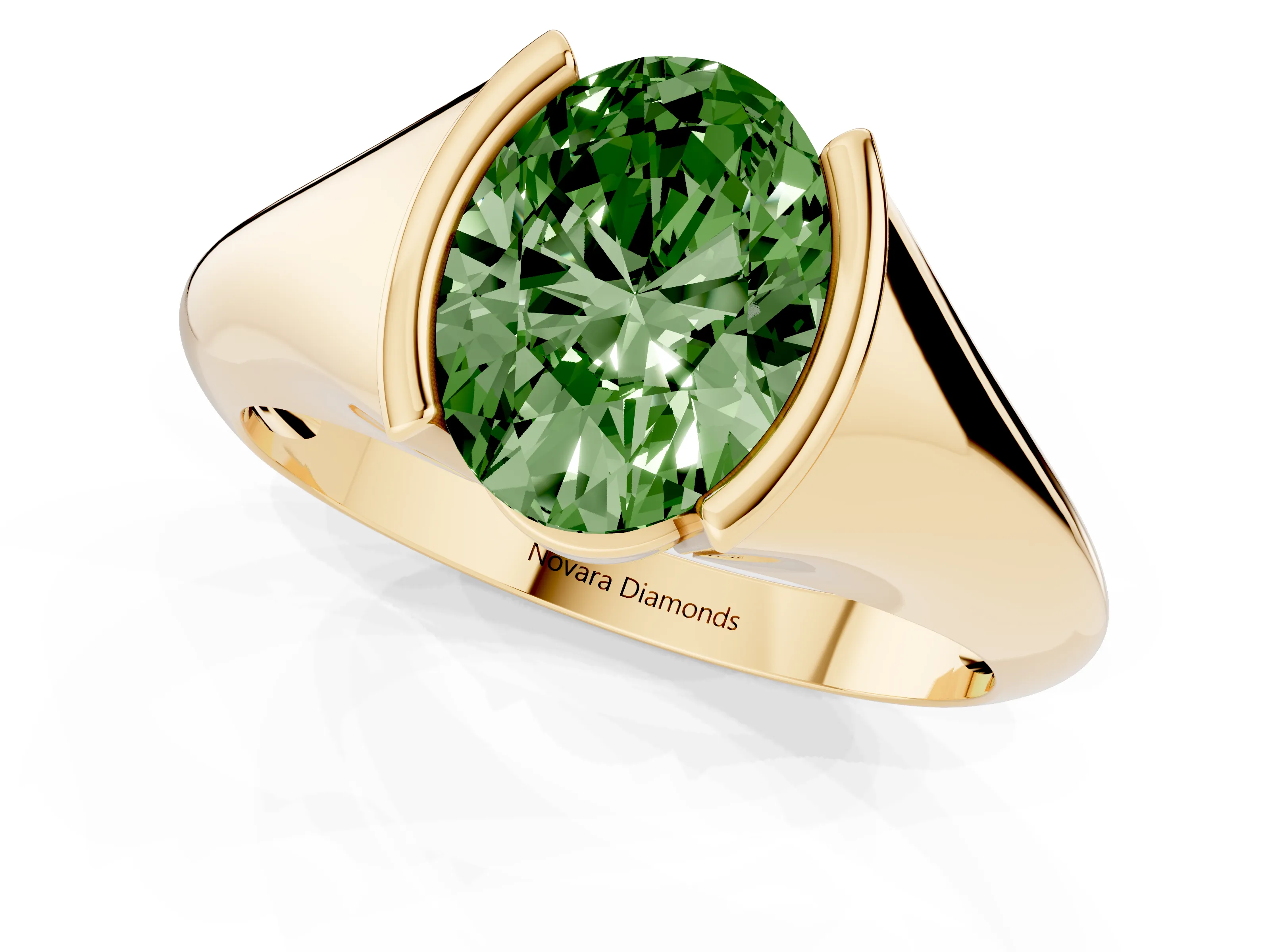 Fancy Green Oval Cut Diamond Solitaire Tension Set Ring Set in Yellow gold