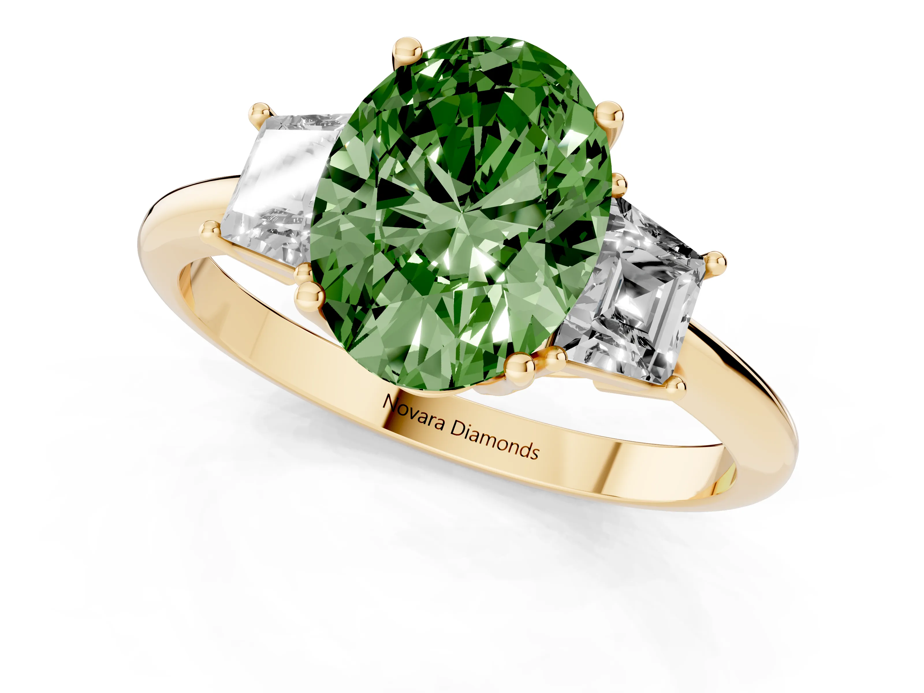 Fancy Green Oval Cut Diamond Three-Stone Ring Set in Yellow gold with Trapezoid Side Stones and Prong Setting