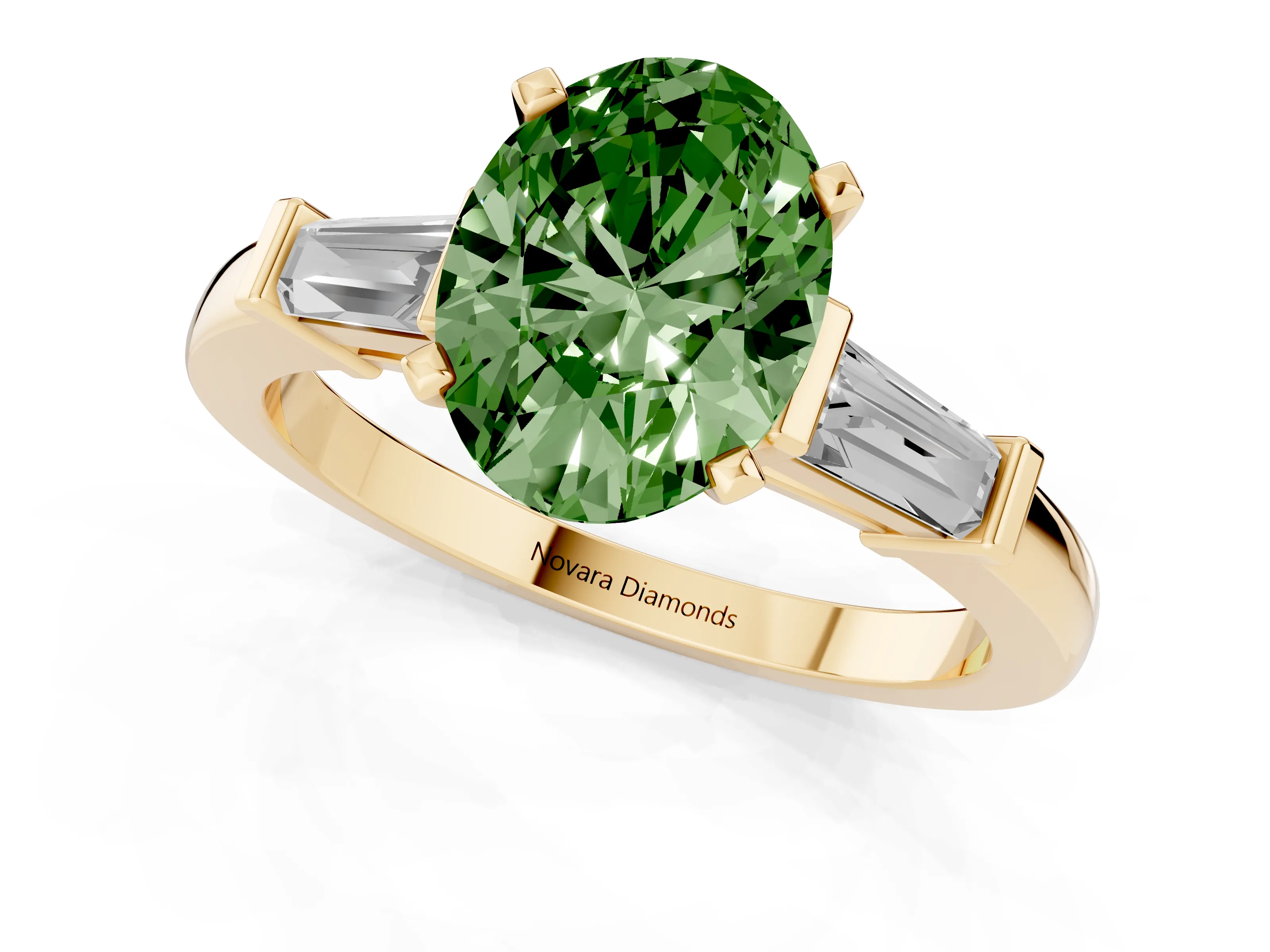Fancy Green Oval Cut Diamond Solitaire Ring Set in Yellow gold with Tapered Baguette Accents and Prong Setting
