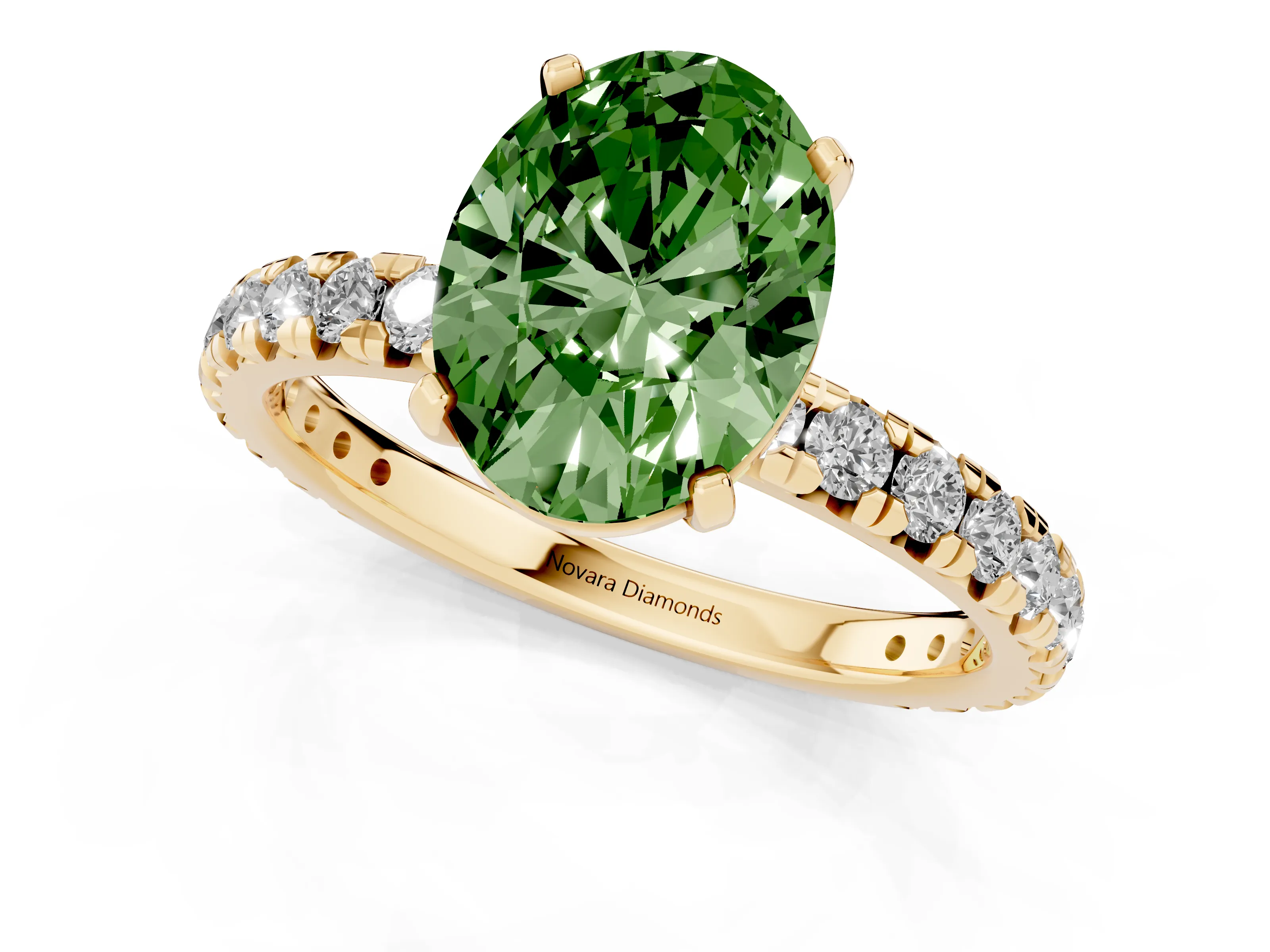Fancy Green Oval Cut Diamond Pavé Solitaire Ring Set in Yellow gold with Round Band and Prong Setting – second view