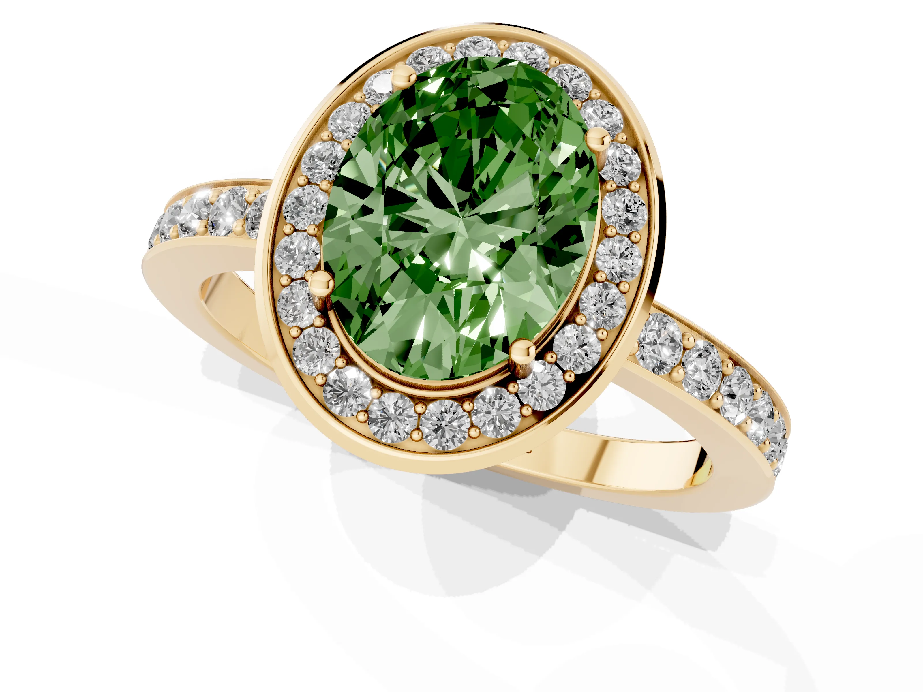 Fancy Green Oval Cut Diamond Halo Ring Set in Yellow gold with Bezel Frame and Pavé Band