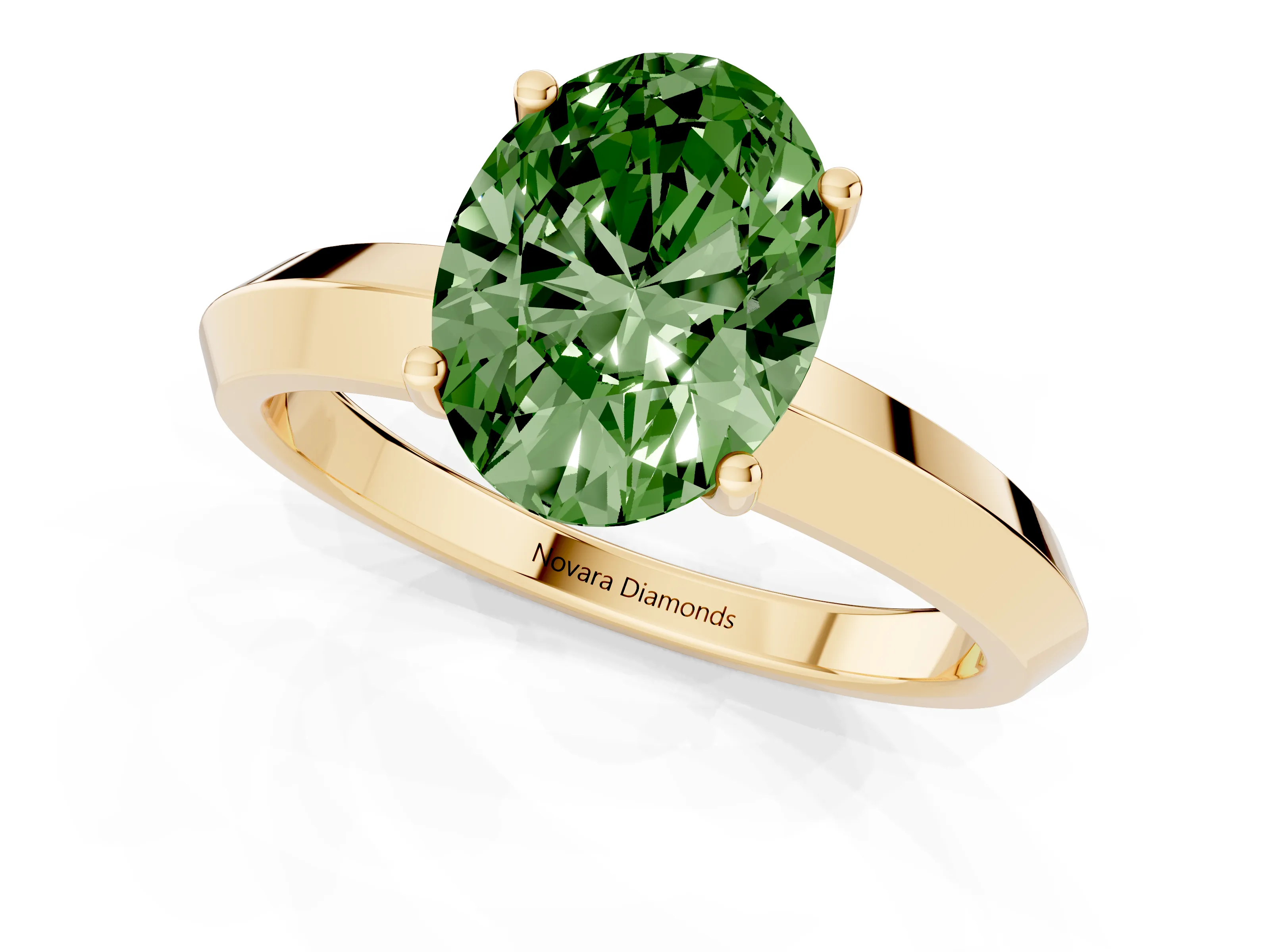 Fancy Green Oval Cut Diamond Solitaire Engagement Ring Set in Yellow gold with Flat Band and Prong Setting