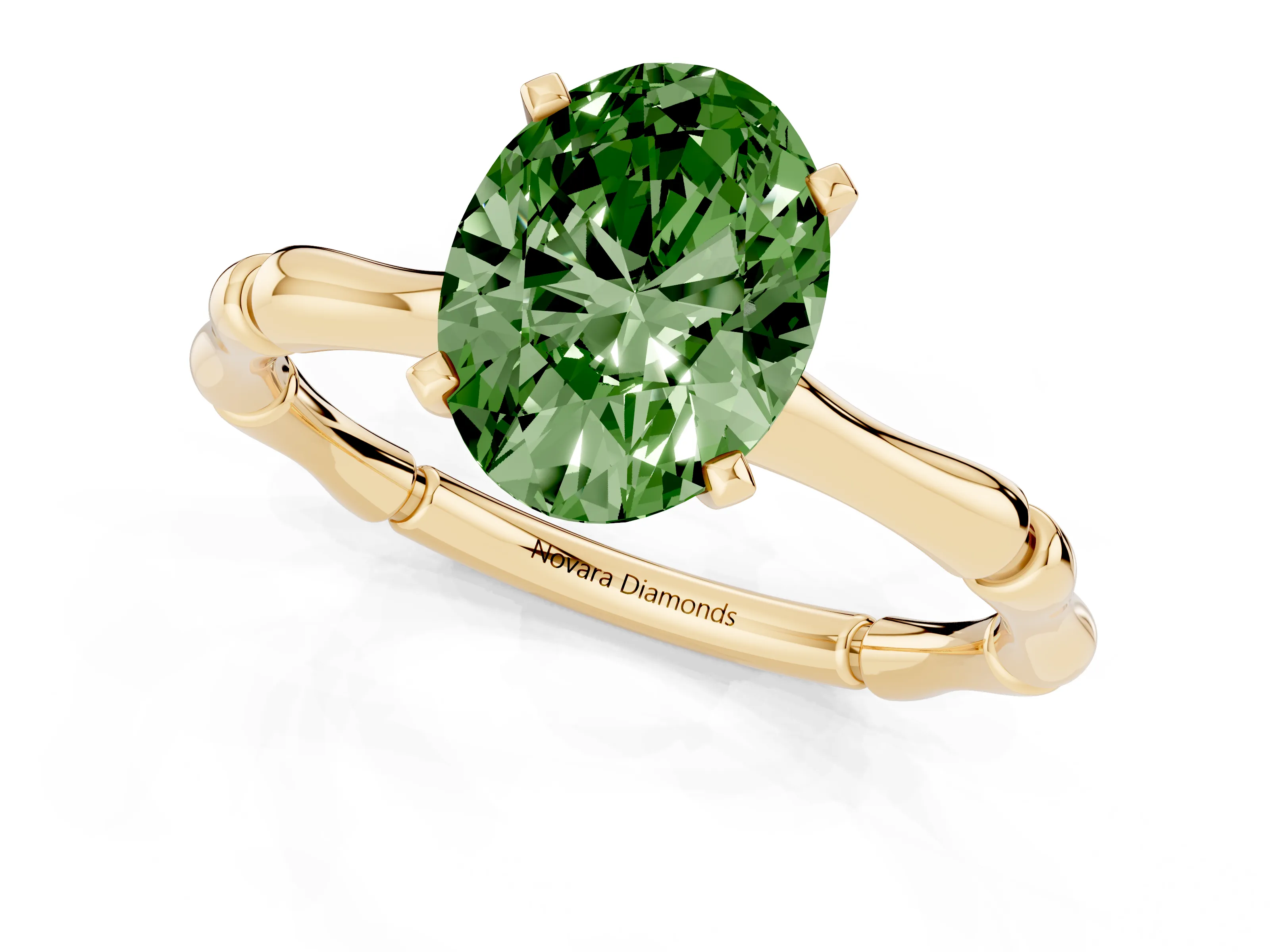 Fancy Green Oval Cut Diamond Solitaire Ring Set in Yellow gold with Bamboo Band and Prong Setting