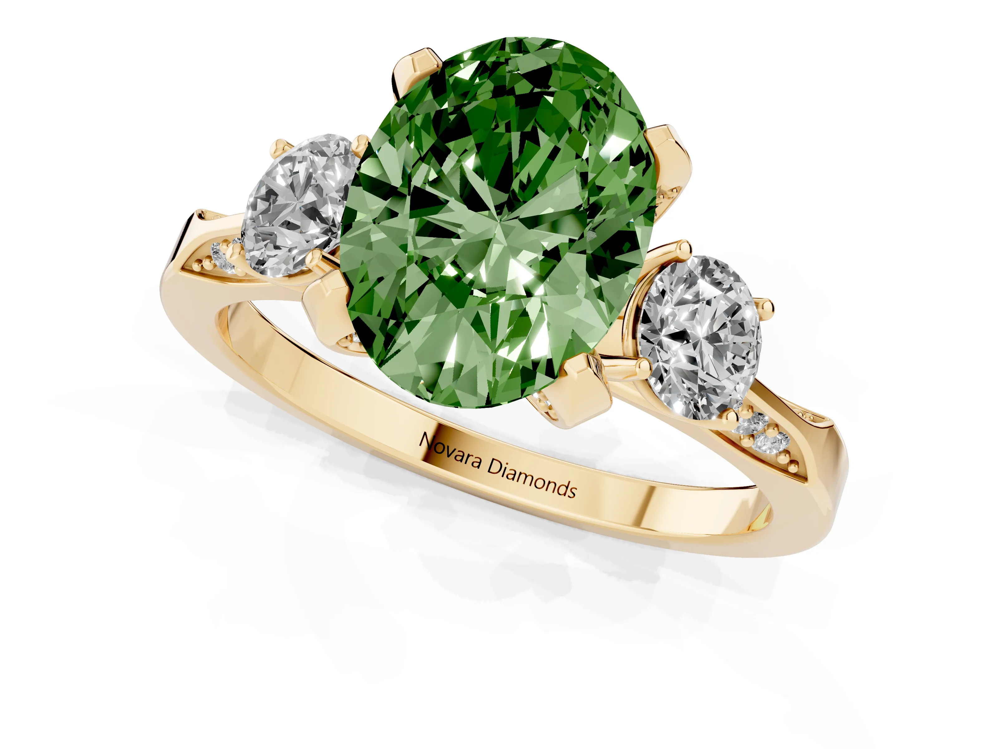 Fancy Green Oval Cut Diamond Three-Stone Ring Set in Yellow gold with Pavé Band and Smaller Side Stones
