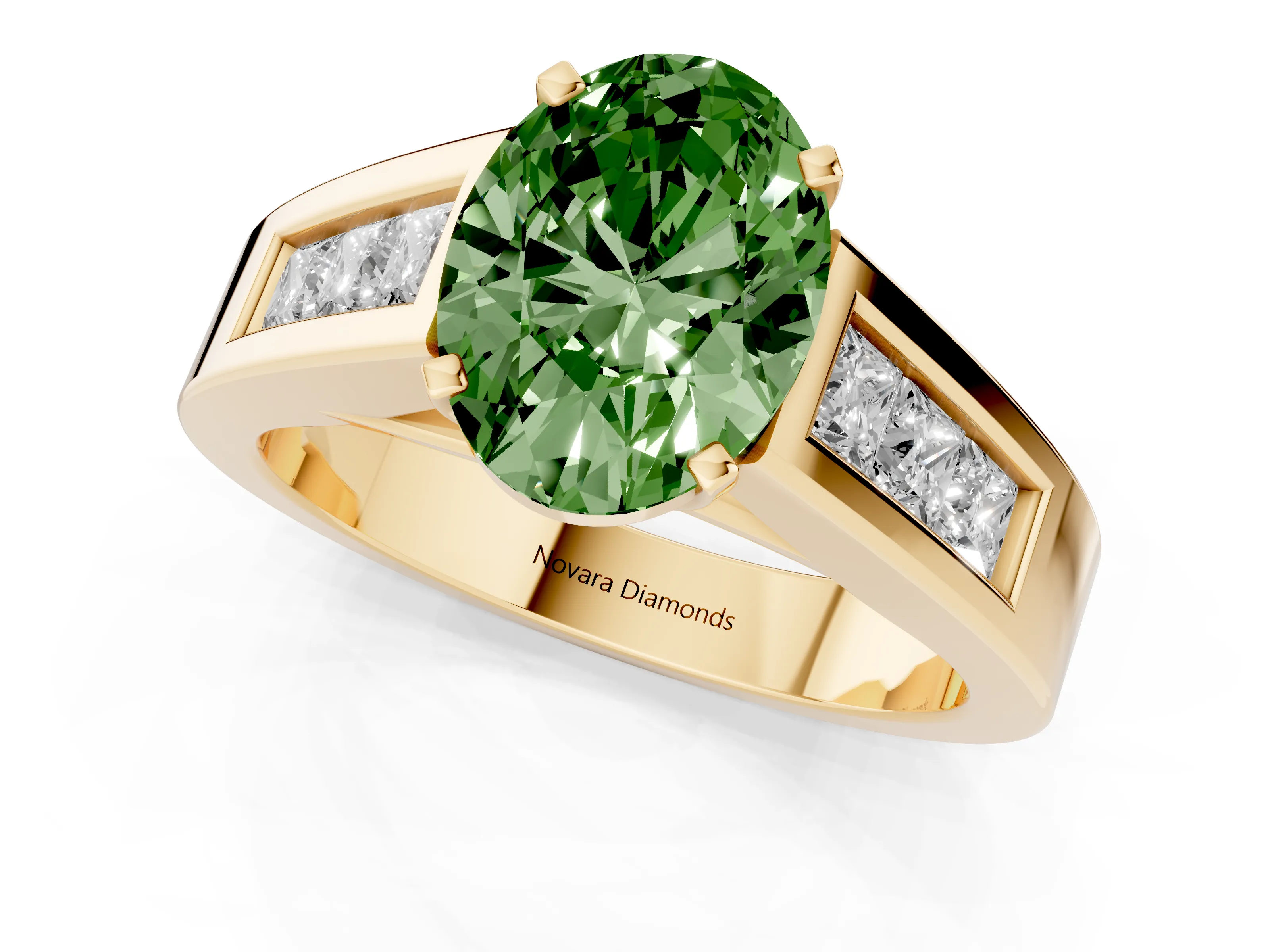 Fancy Green Oval Cut Diamond Solitaire Ring Set in Yellow gold with Channel-Set Accent Stones and Prong Setting