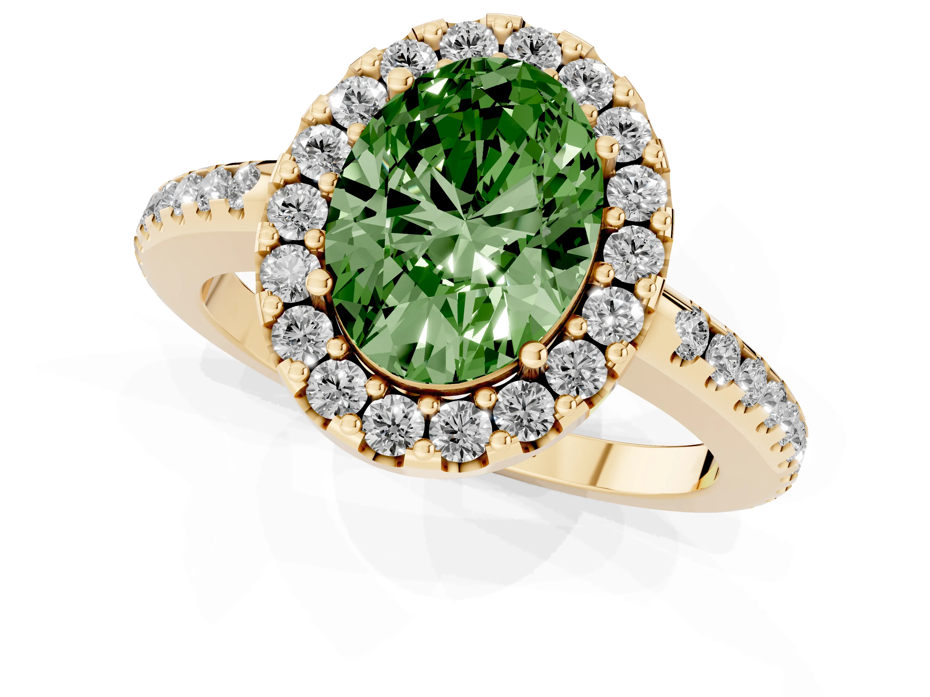 Fancy Green Oval Cut Diamond Pavé Halo Ring Set in Yellow gold with Prong Setting