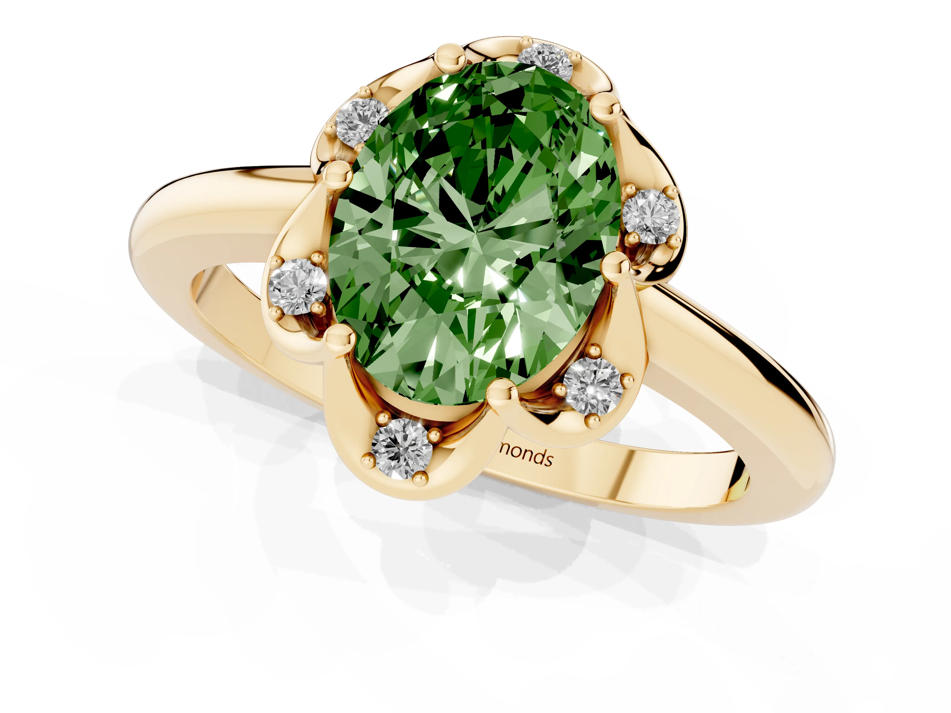 Fancy Green Oval Cut Diamond Round Cluster Halo Ring Set in Yellow gold with Solitaire Band and Prong Setting